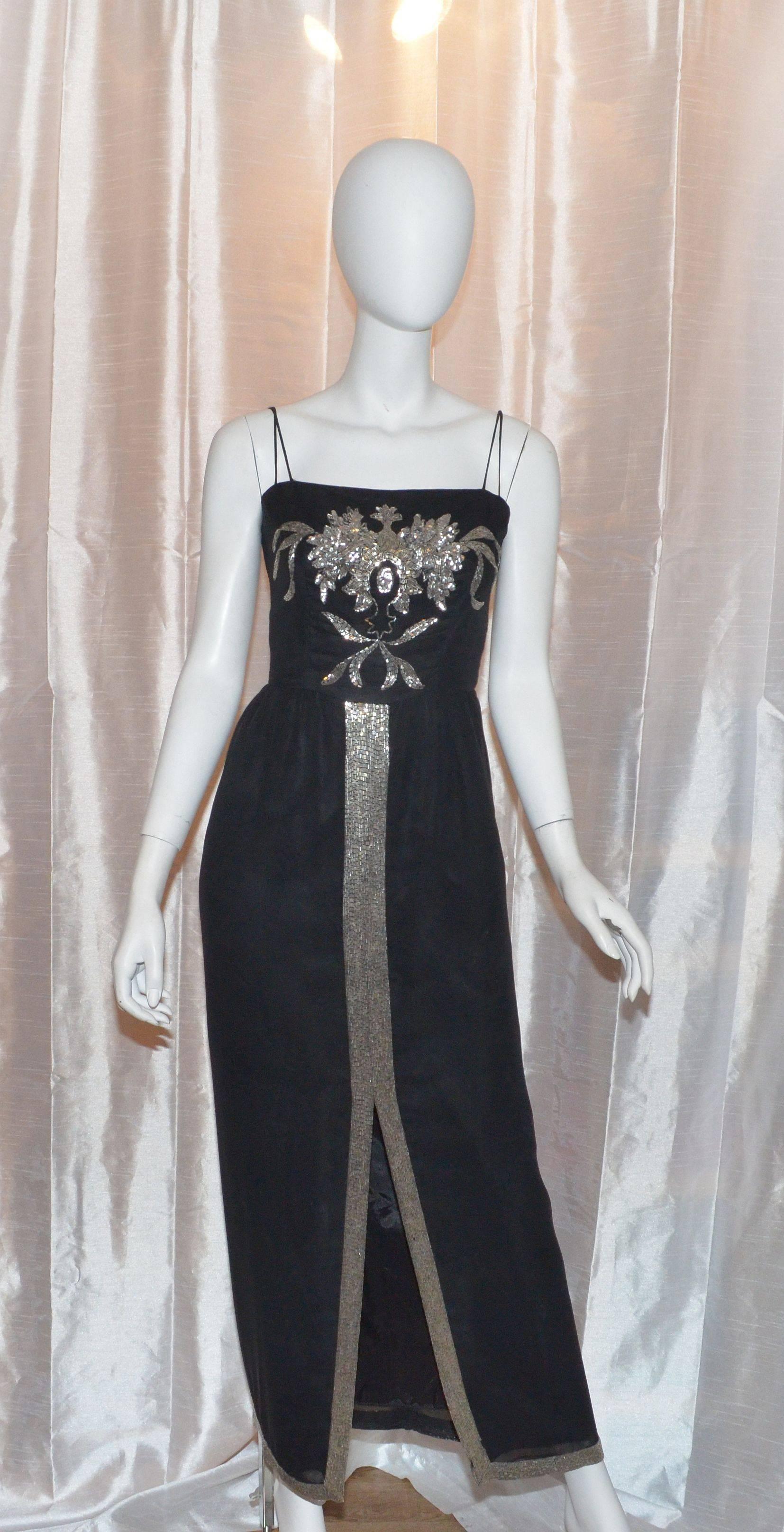 Michael Novarese Black Silver Bead/Sequin Vintage Dress with Cover-Up In Excellent Condition In Carmel, CA