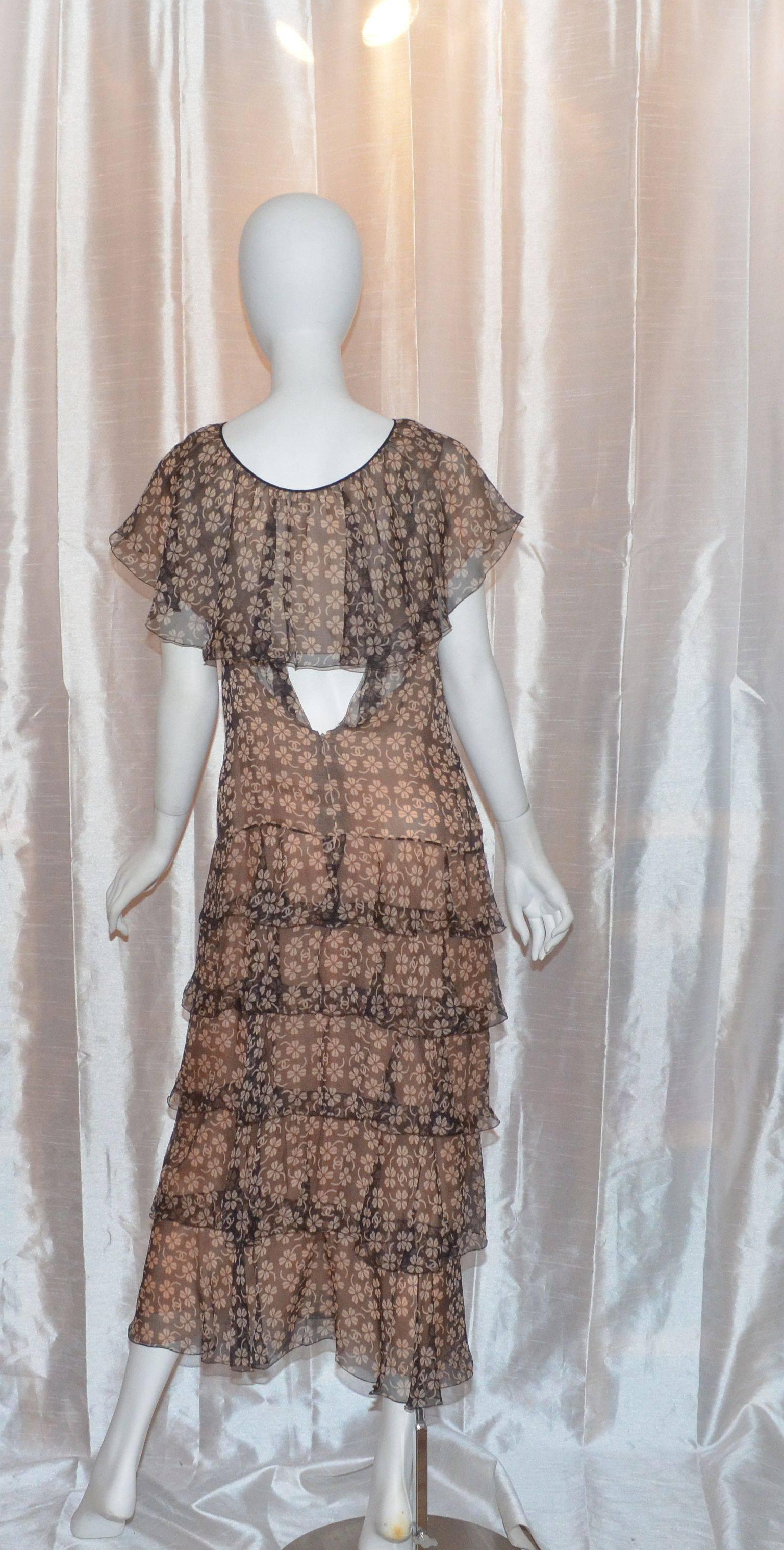 Brown Chanel Silk 4 Leaf Clover Chiffon Gown