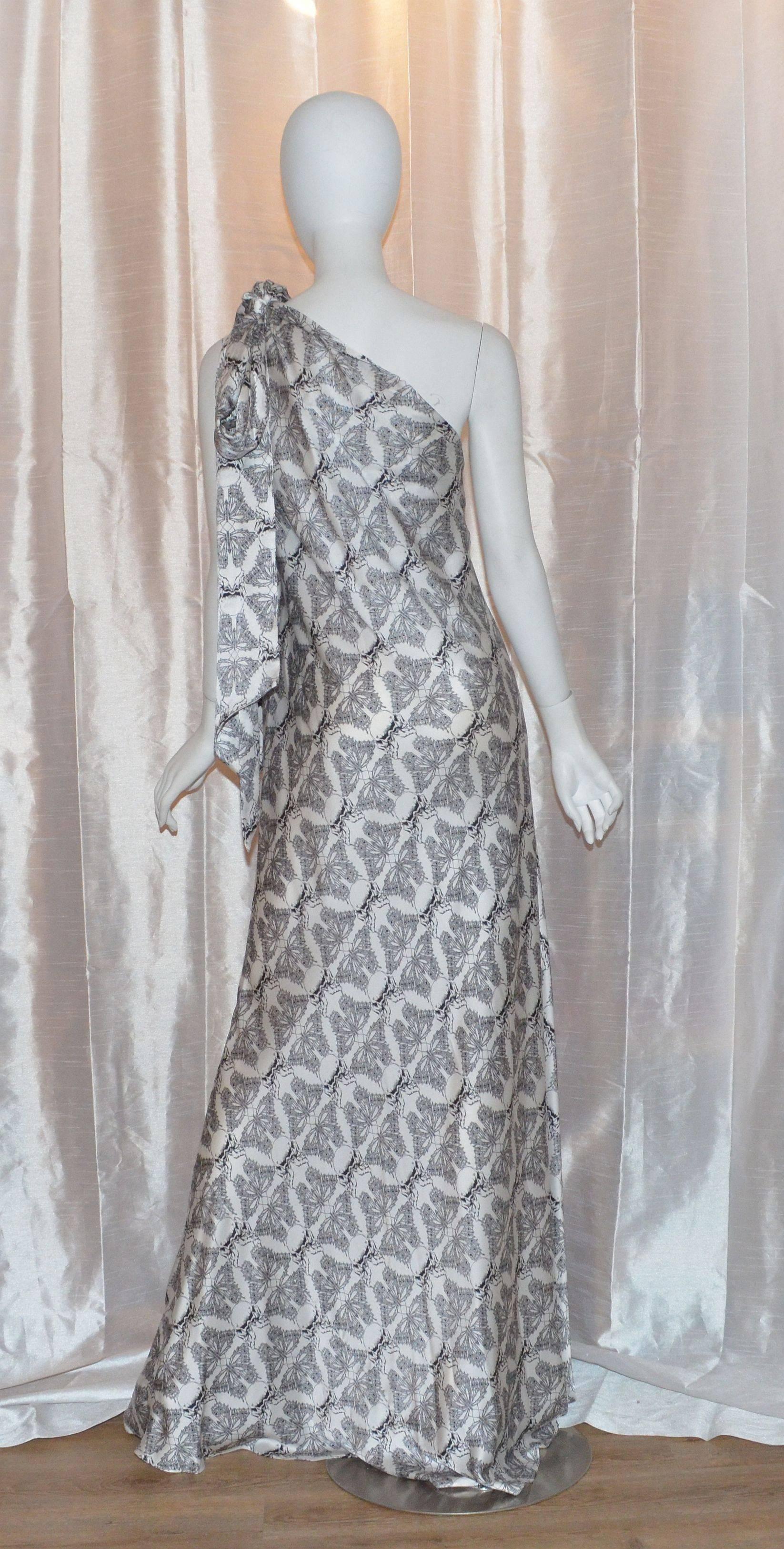 Gray Thomas Wylde Butterfly and Skull Print One-Shoulder Gown