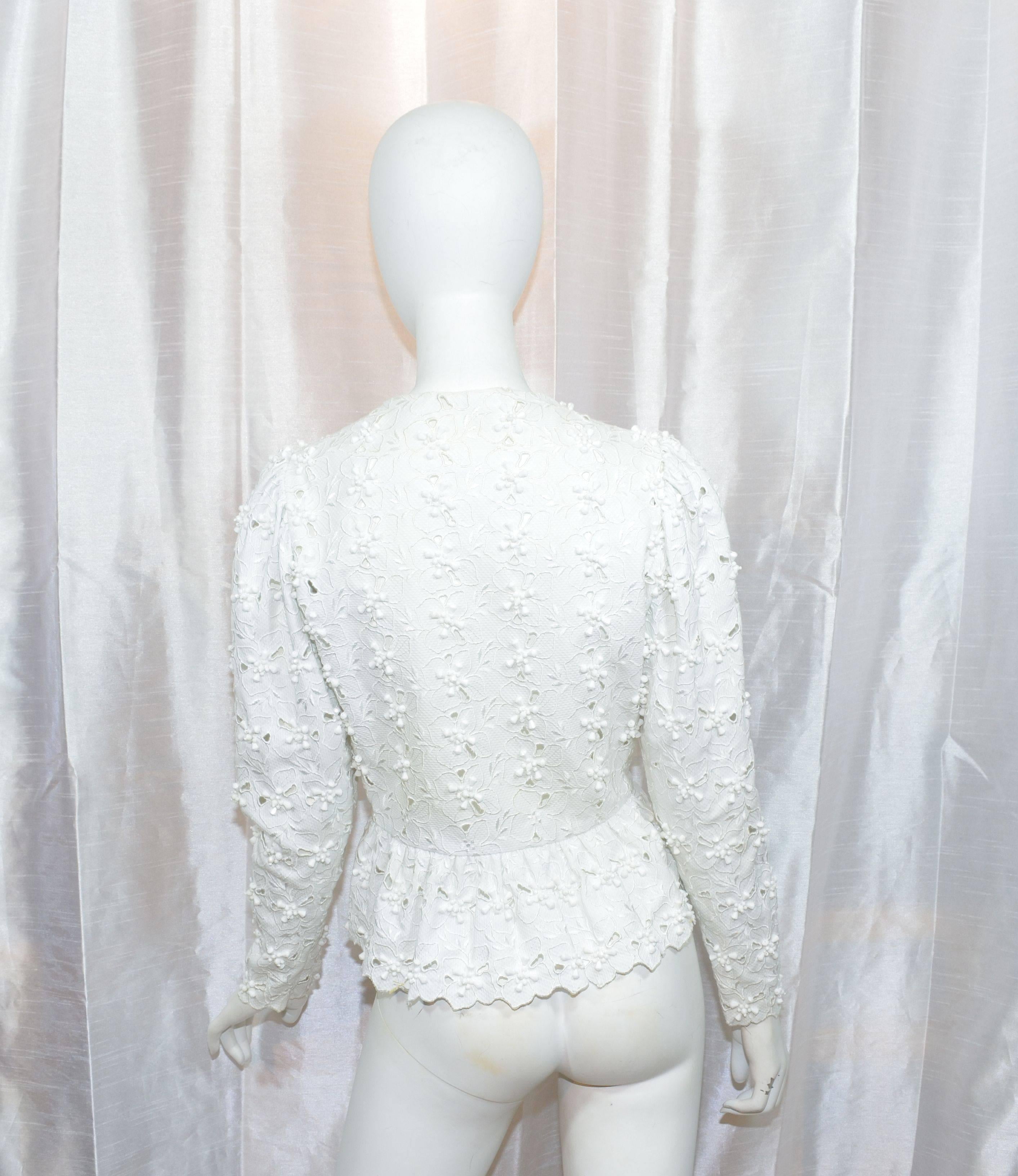 White Cotton Pique Eyelet Beaded Jacket In Excellent Condition In Carmel, CA