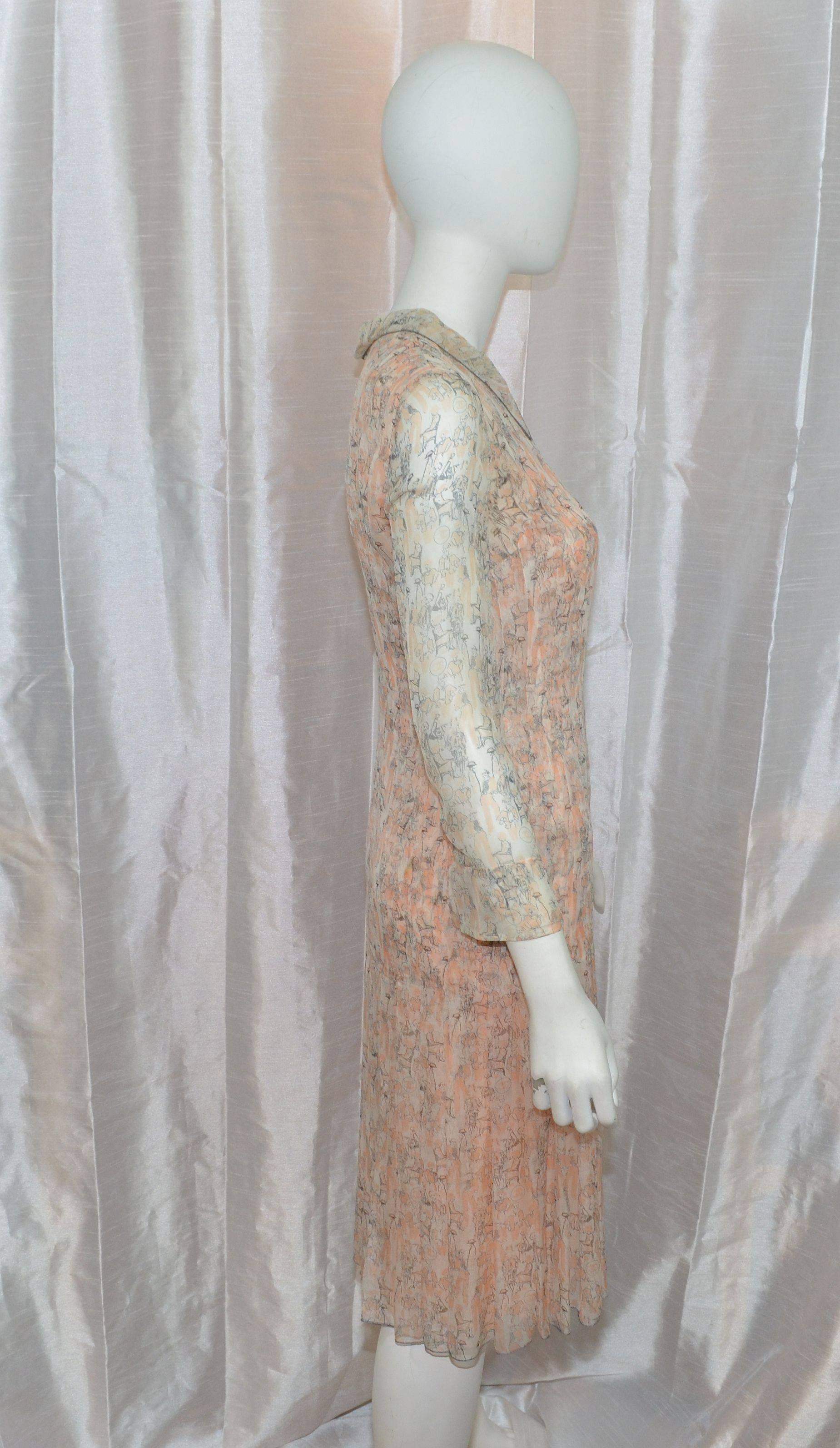 Beige Chanel 2003 P Silk Chiffon Print Dress