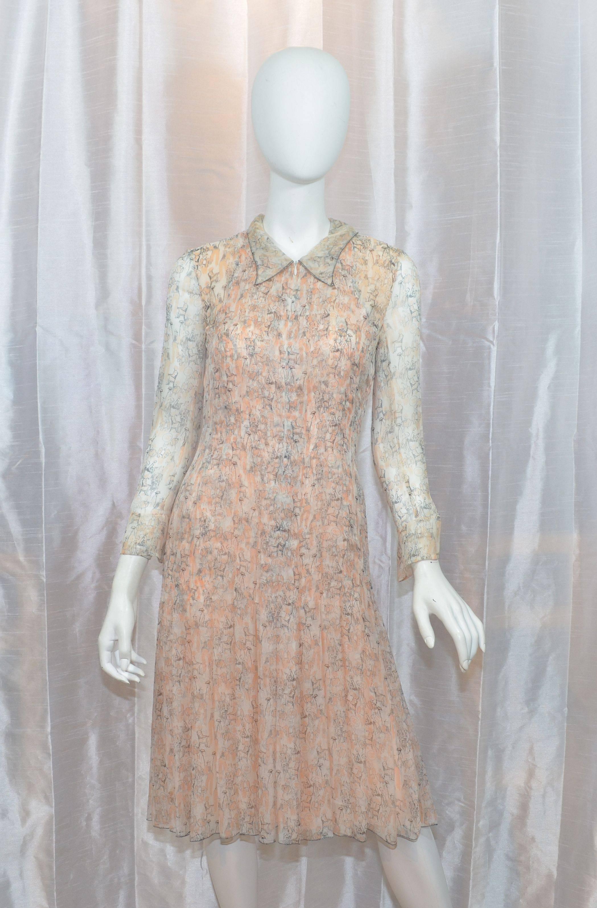 Chanel 2003 P Dress is size 36, made with 100% silk. Dress features a light print on a flesh-colored silk fabric with grey trimmings, front zipper closure, and a drop waist detail with a pleated skirt. 

Bust - 34''
Sleeves - 21''
Shoulder to