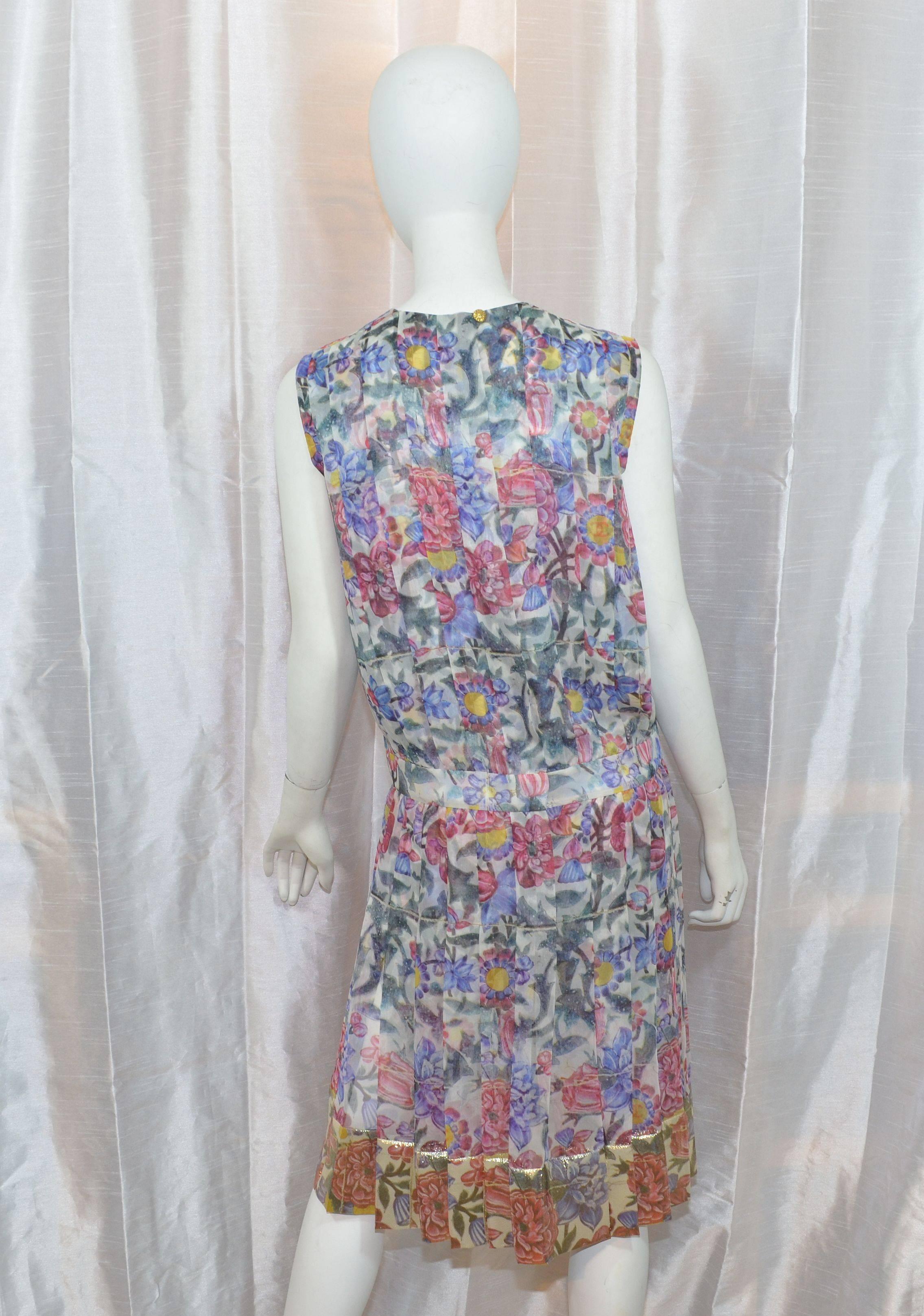 Chanel Resort 2015 Runway Chiffon Floral Dress and Scarf In Excellent Condition In Carmel, CA