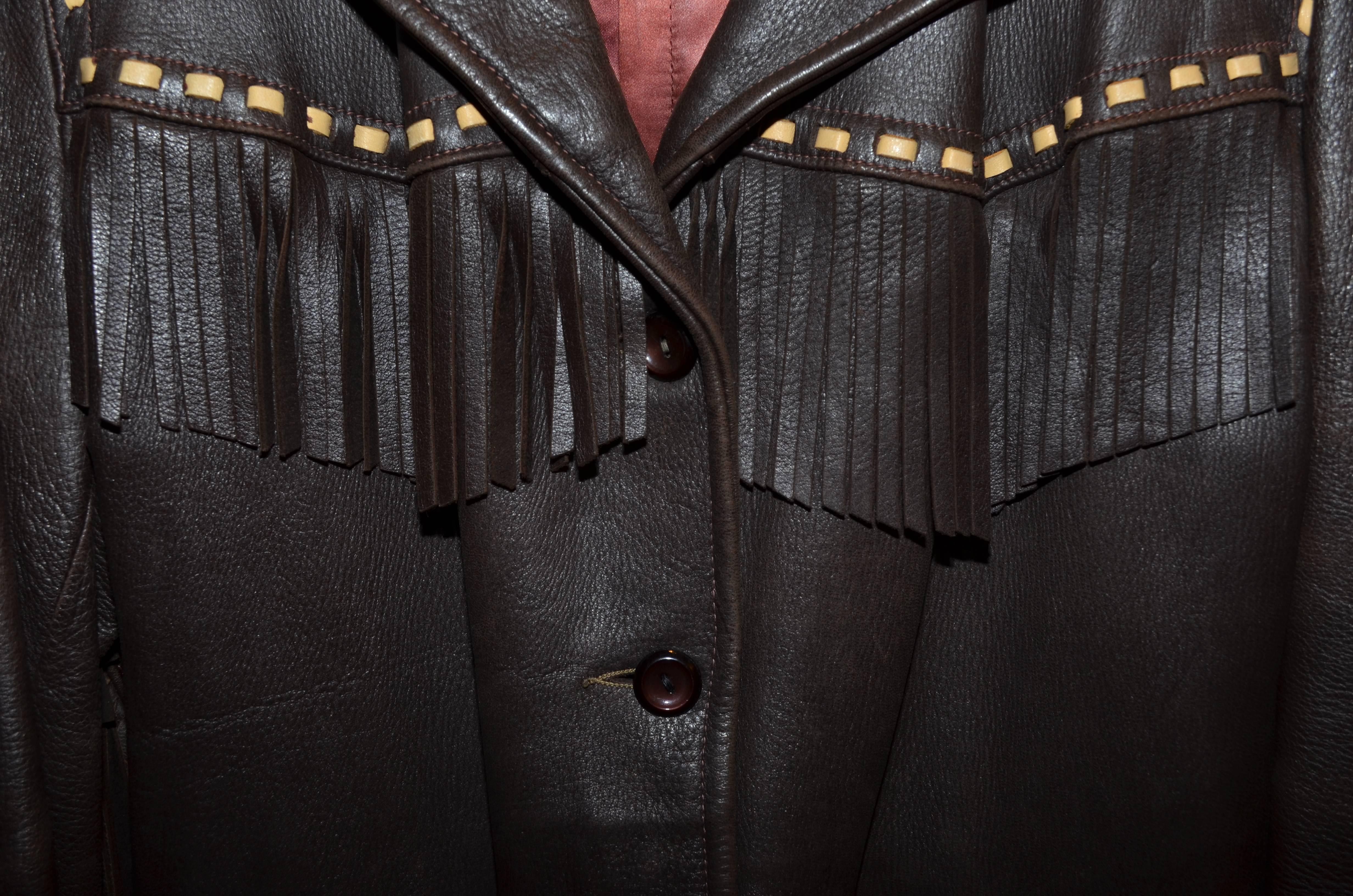 Vintage Genuine Deerskin Leather Fringe Button Jacket In Good Condition In Carmel, CA