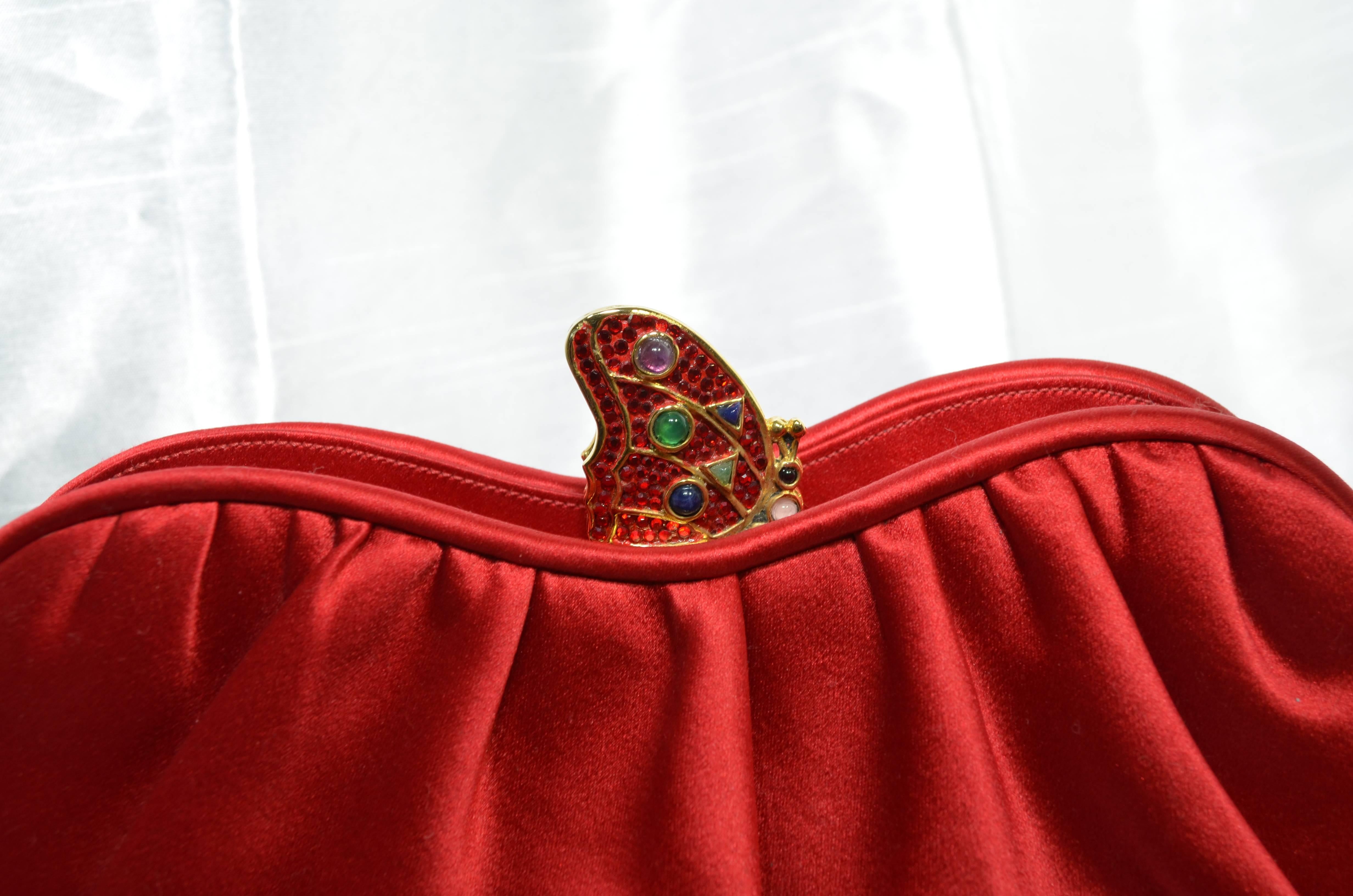 Red Judith Leiber Satin Clutch with Butterfly Closure