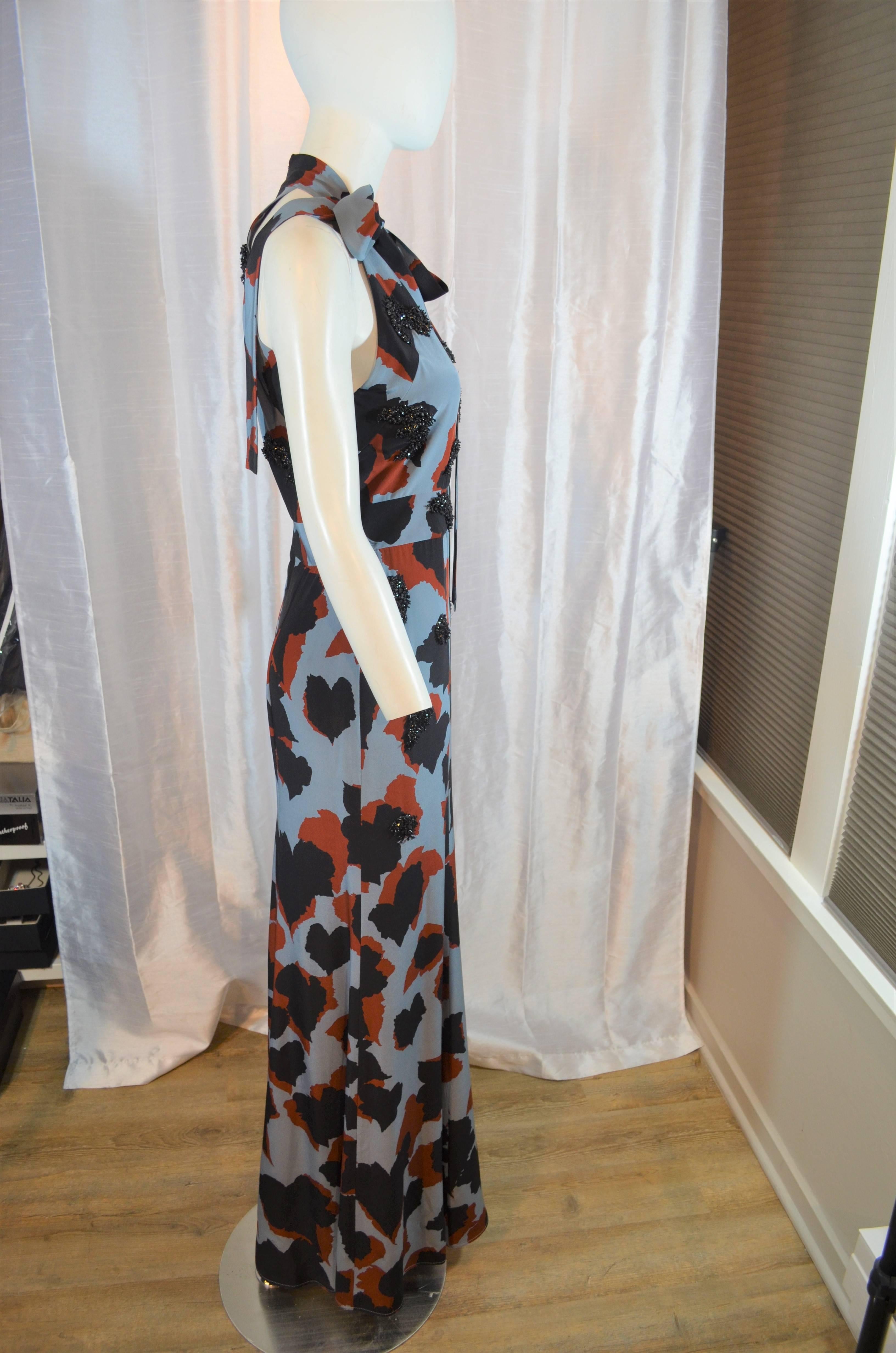 Black Gucci 2015 Silk Print and Bead Embellished Tie Neck Gown