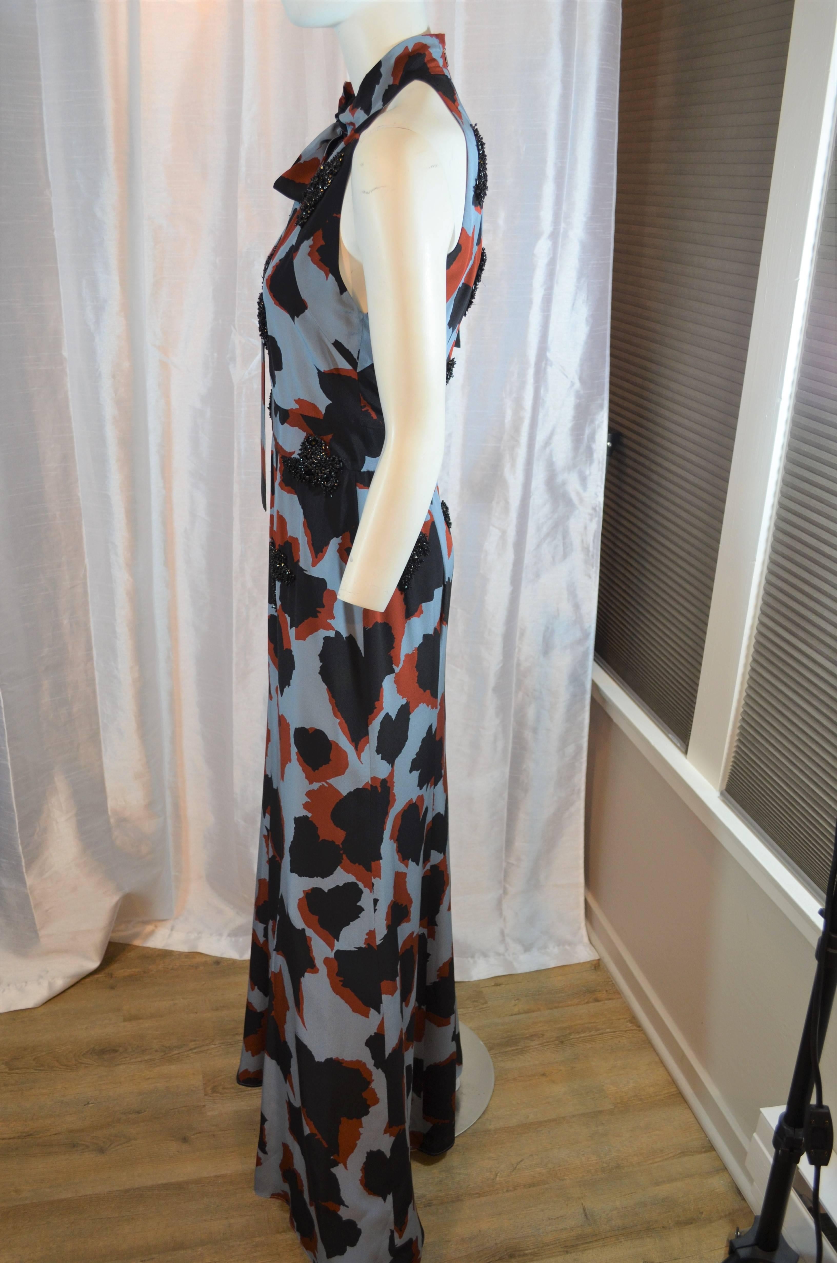Gucci 2015 Silk Print and Bead Embellished Tie Neck Gown In Excellent Condition In Carmel, CA