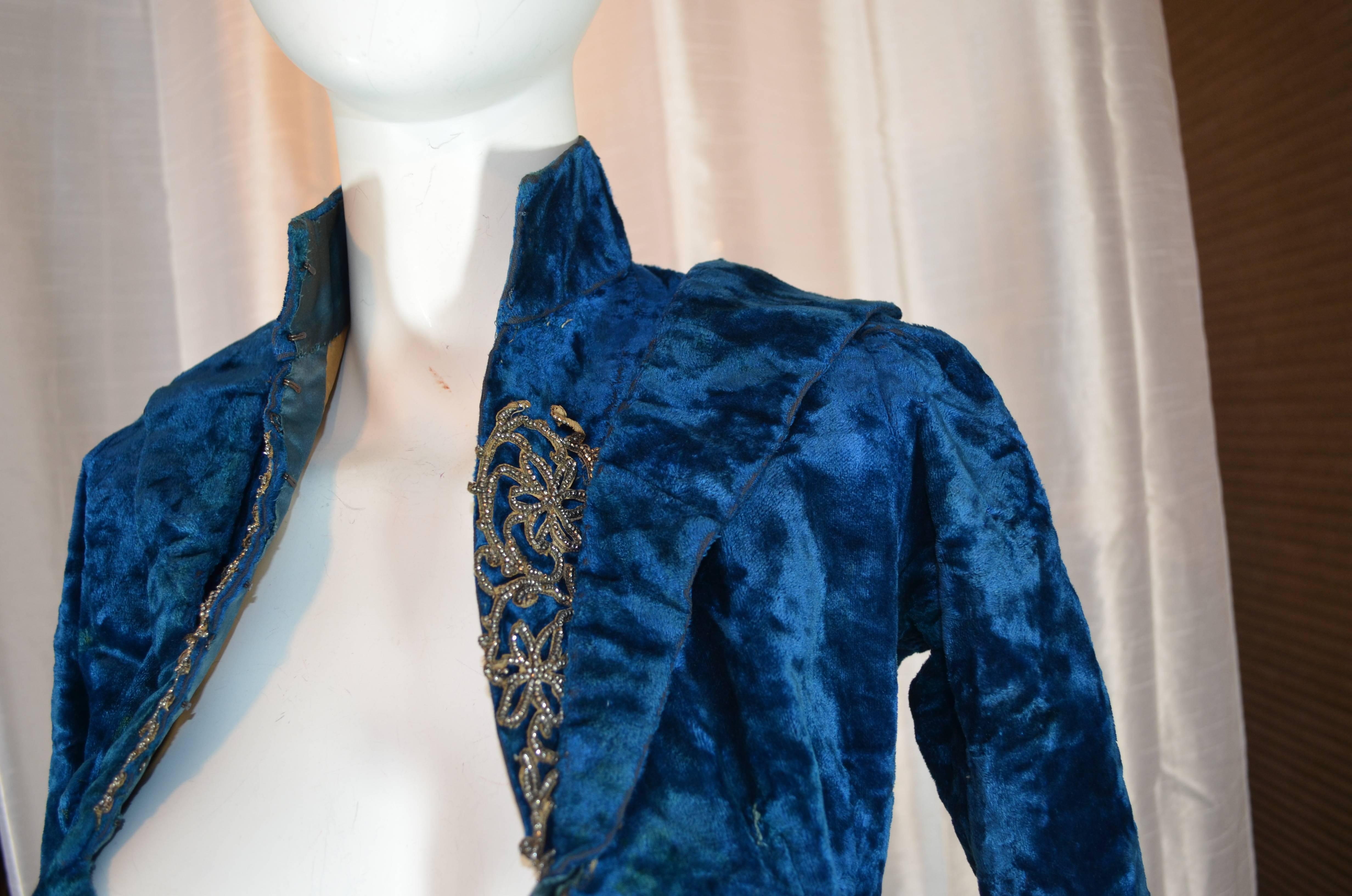 Victorian Blue Silk Velvet Jacket In Fair Condition In Carmel, CA