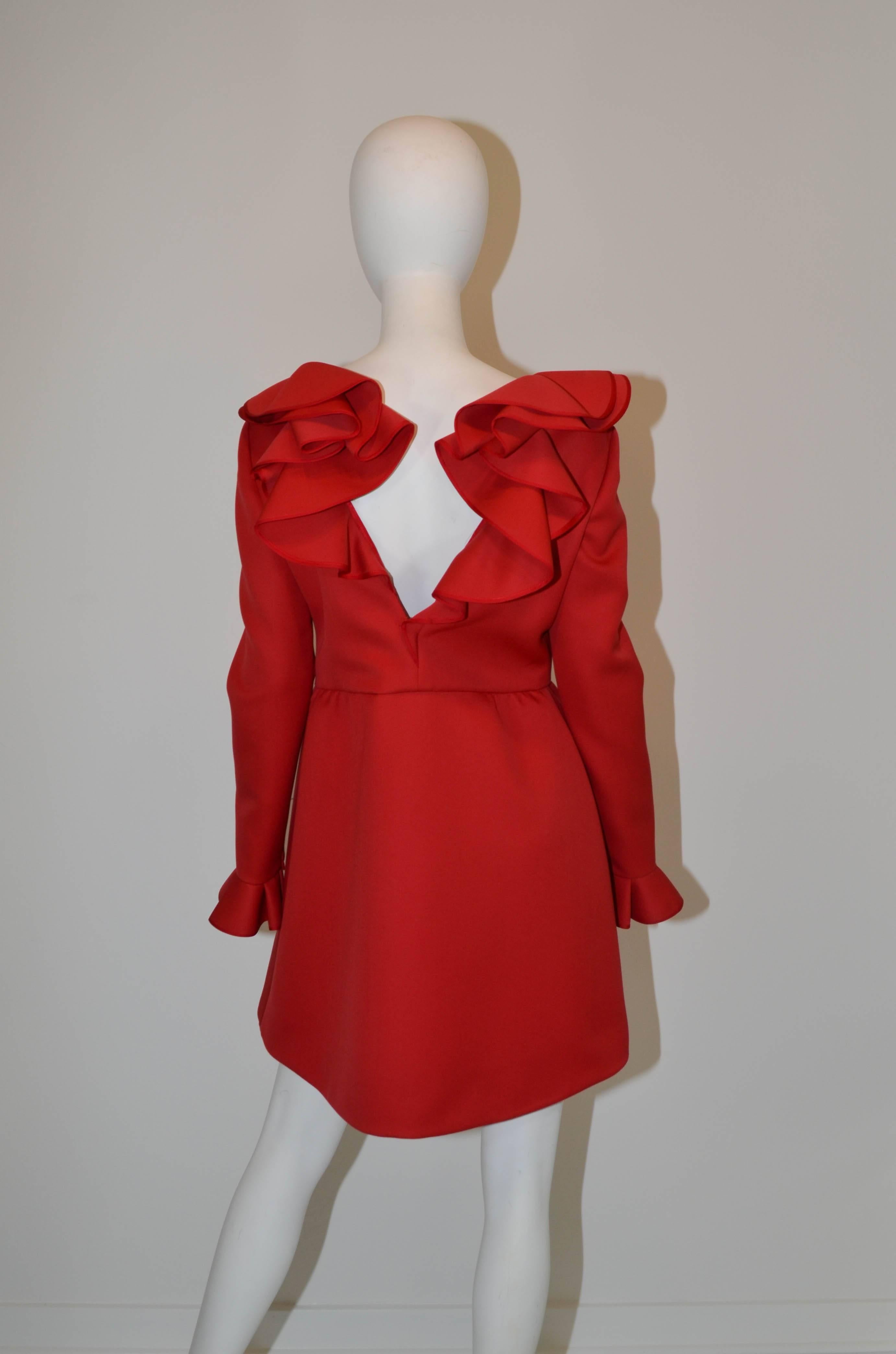 Valentino Wool Dress in Red with Ruffle In Excellent Condition In Carmel, CA