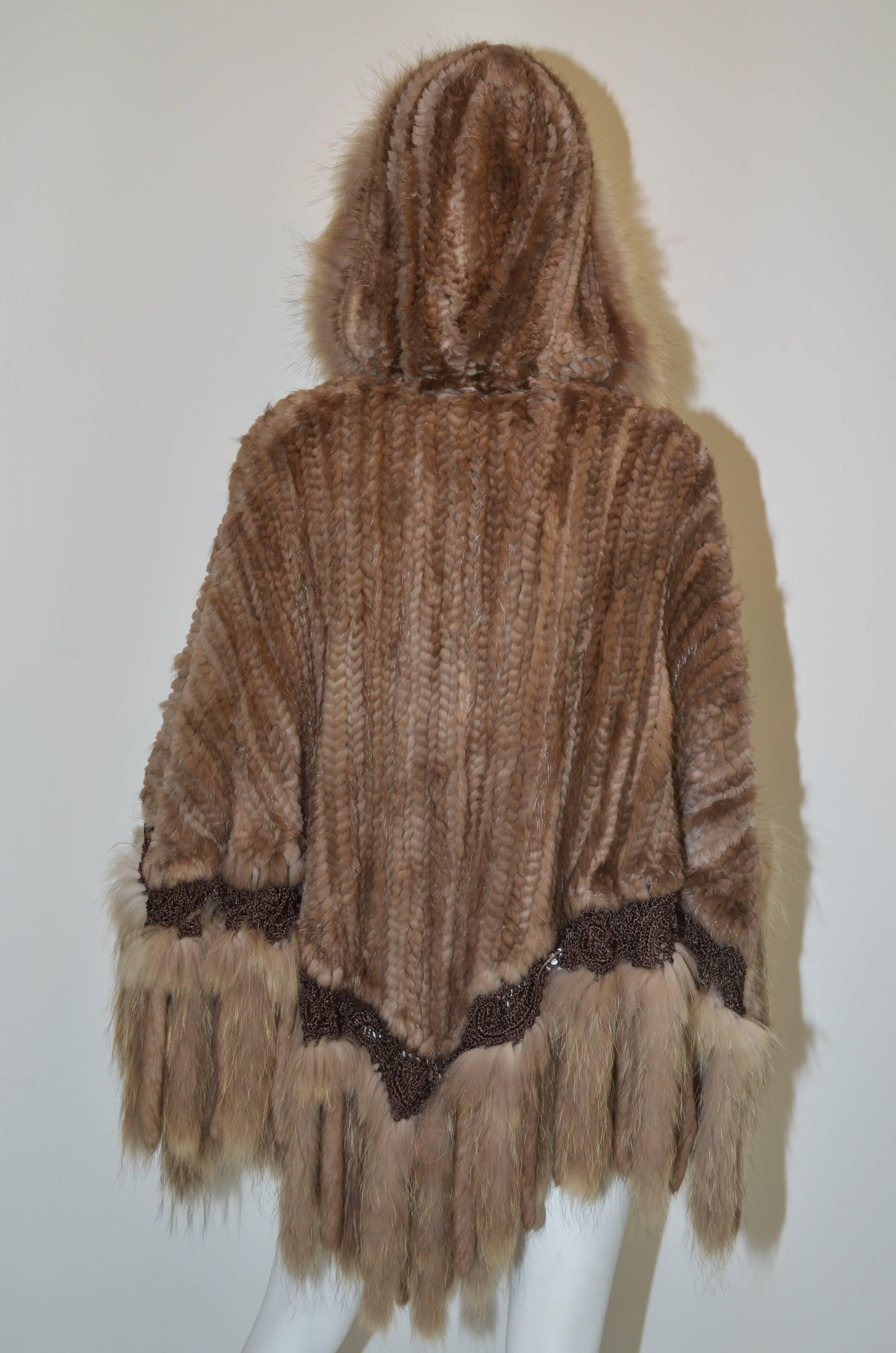 Brown Paula Lishman Knitted Beaver Hooded Poncho Fox Trim 