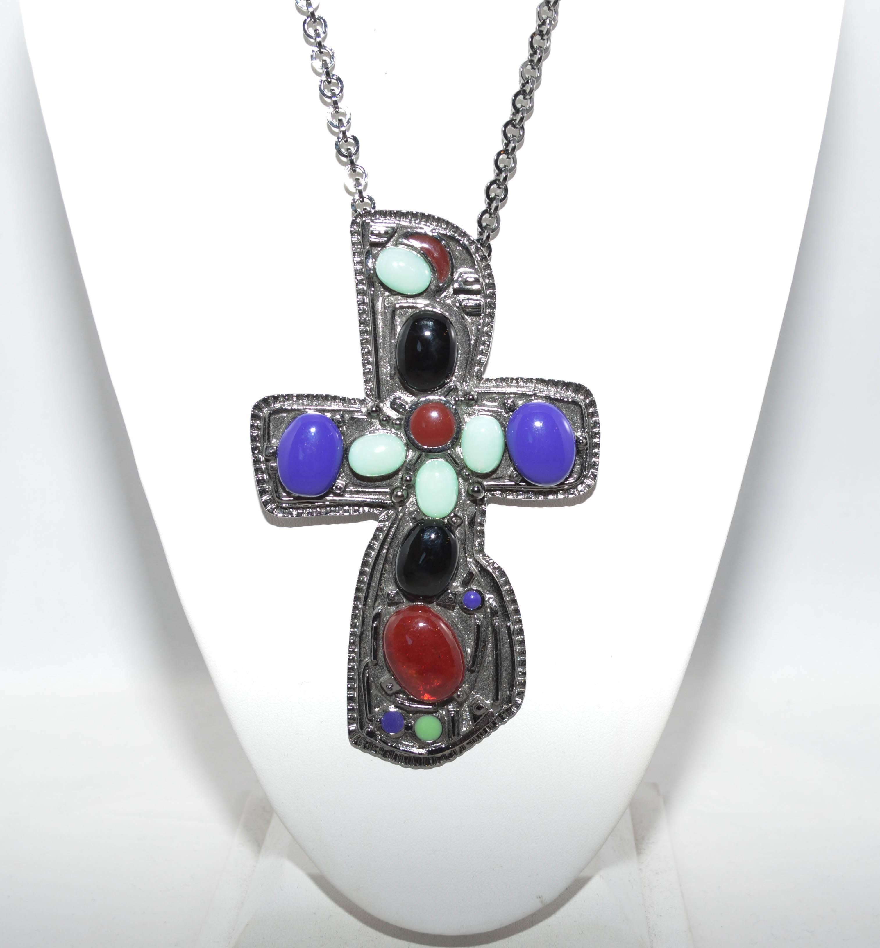 Rare Chanel darkened silver metal cross Gripoix pendant with multicolor glass Gripoix stones in purple, black, mint and maroon. Pendant hangs on darkened silver hardware chain with velvet ties. Plaque reads Chanel 03 A Made in France. From the