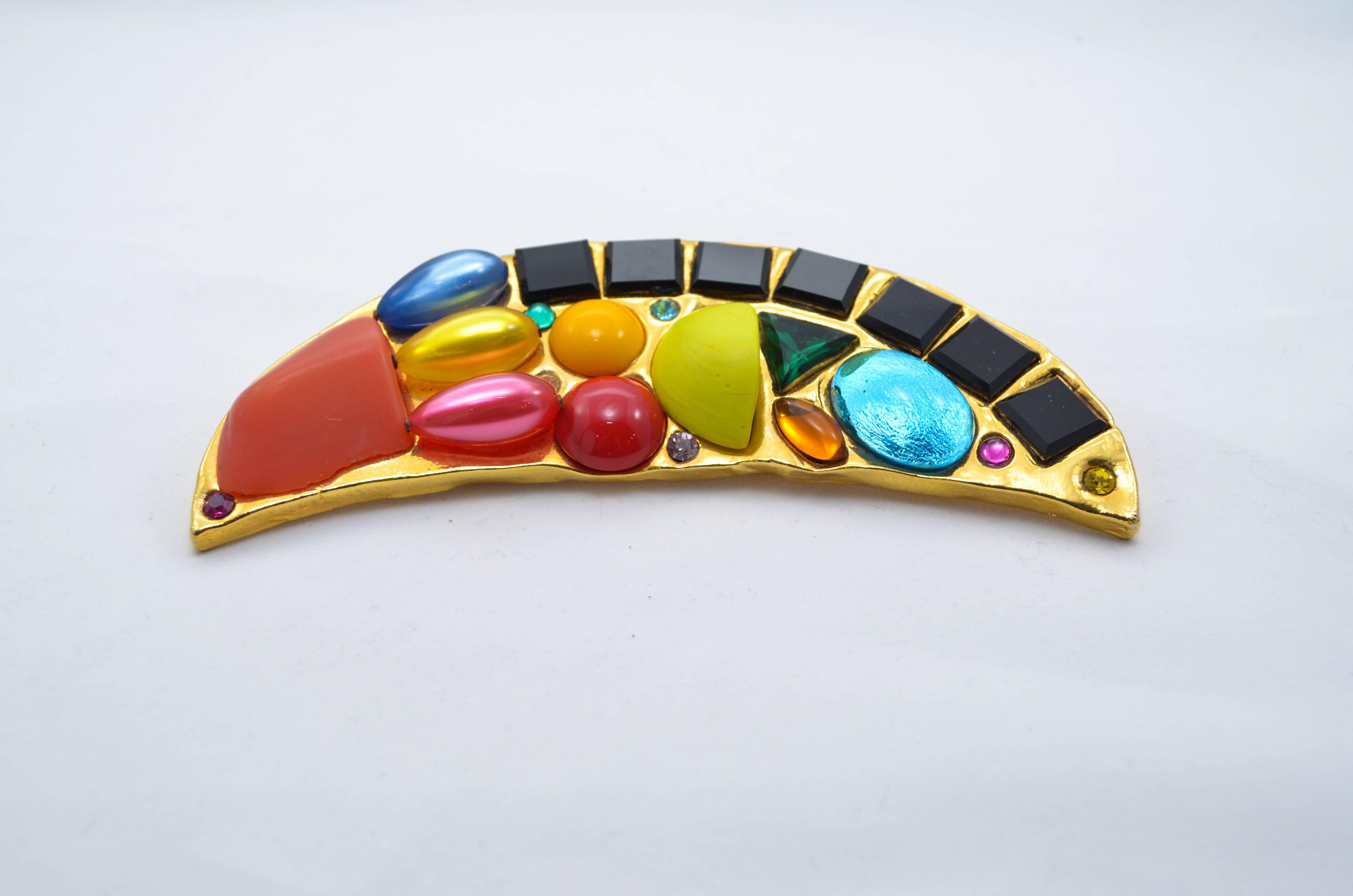 Beautiful and rare massive 5.75 inch Chanel runway vintage jeweled moon brooch. Wonderful oversized scale, bright colorful stones. From the 1980's. This is a rare early Karl Lagerfeld piece and is from the collection numbered 25. 

Measurements in