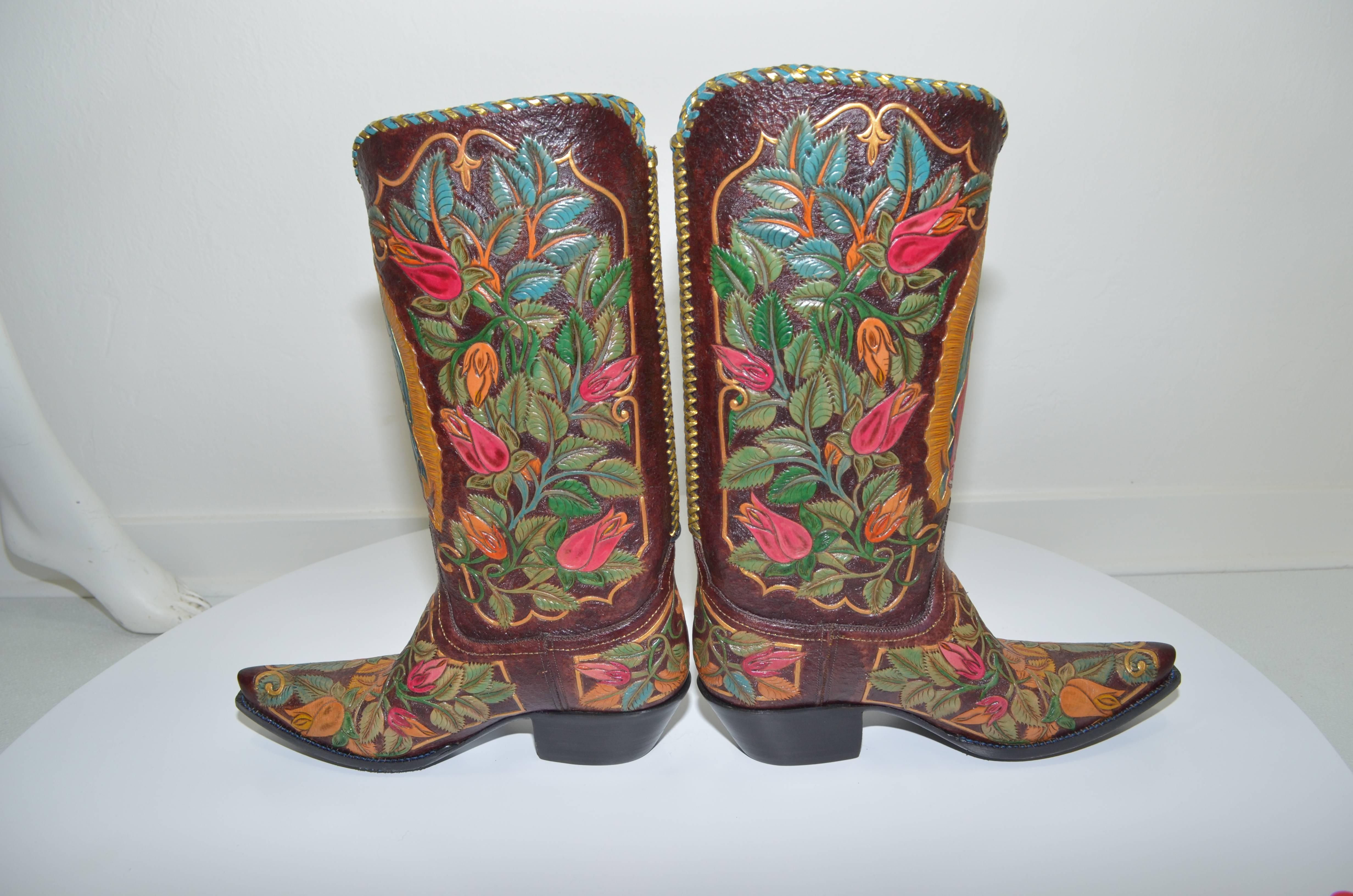 Brown Bespoke 40 Roses Our Lady of Guadalupe Cowboy Boots Ladies 9.5 