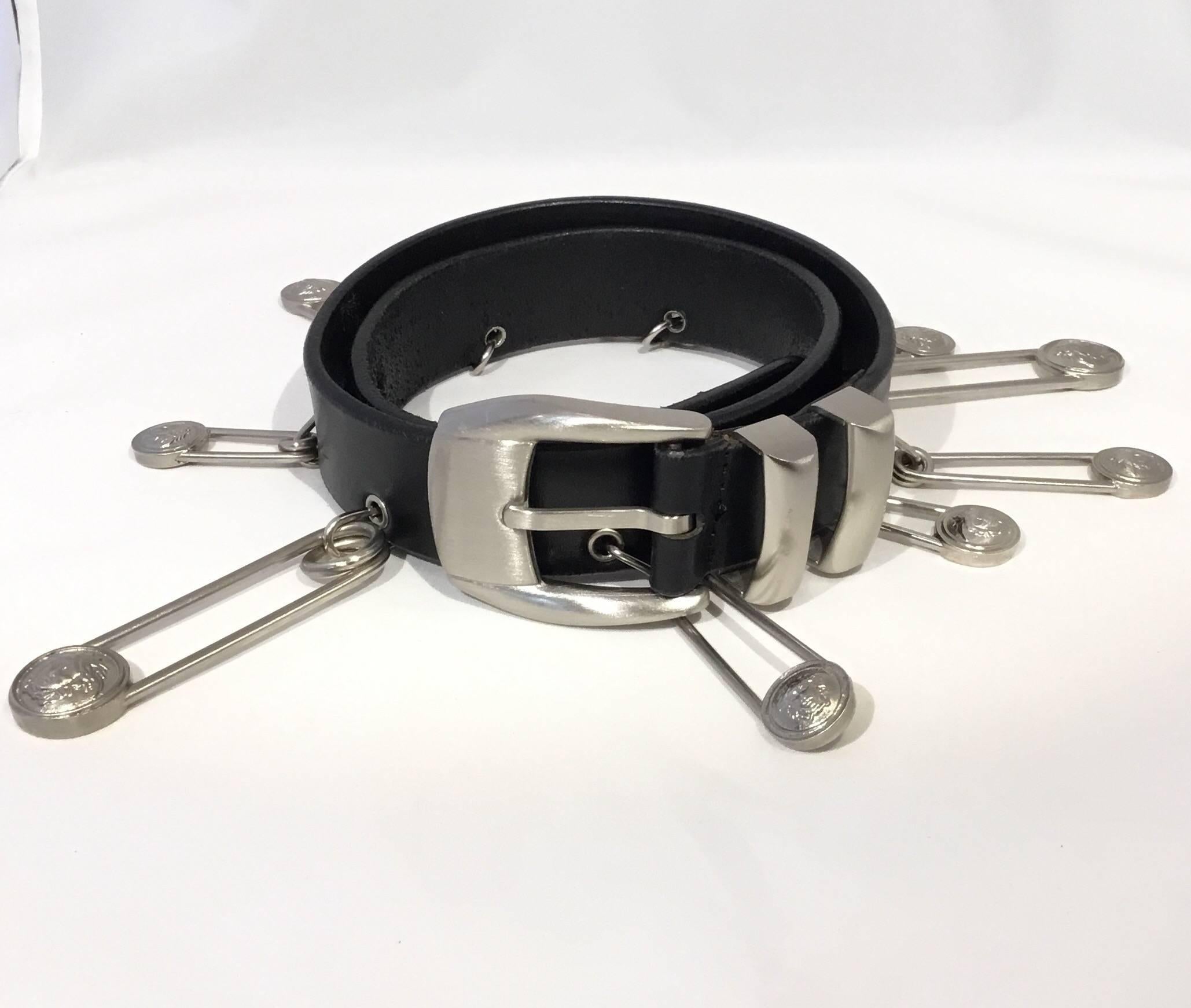 Black Gianni Versace Medusa Safety Pin Leather Belt