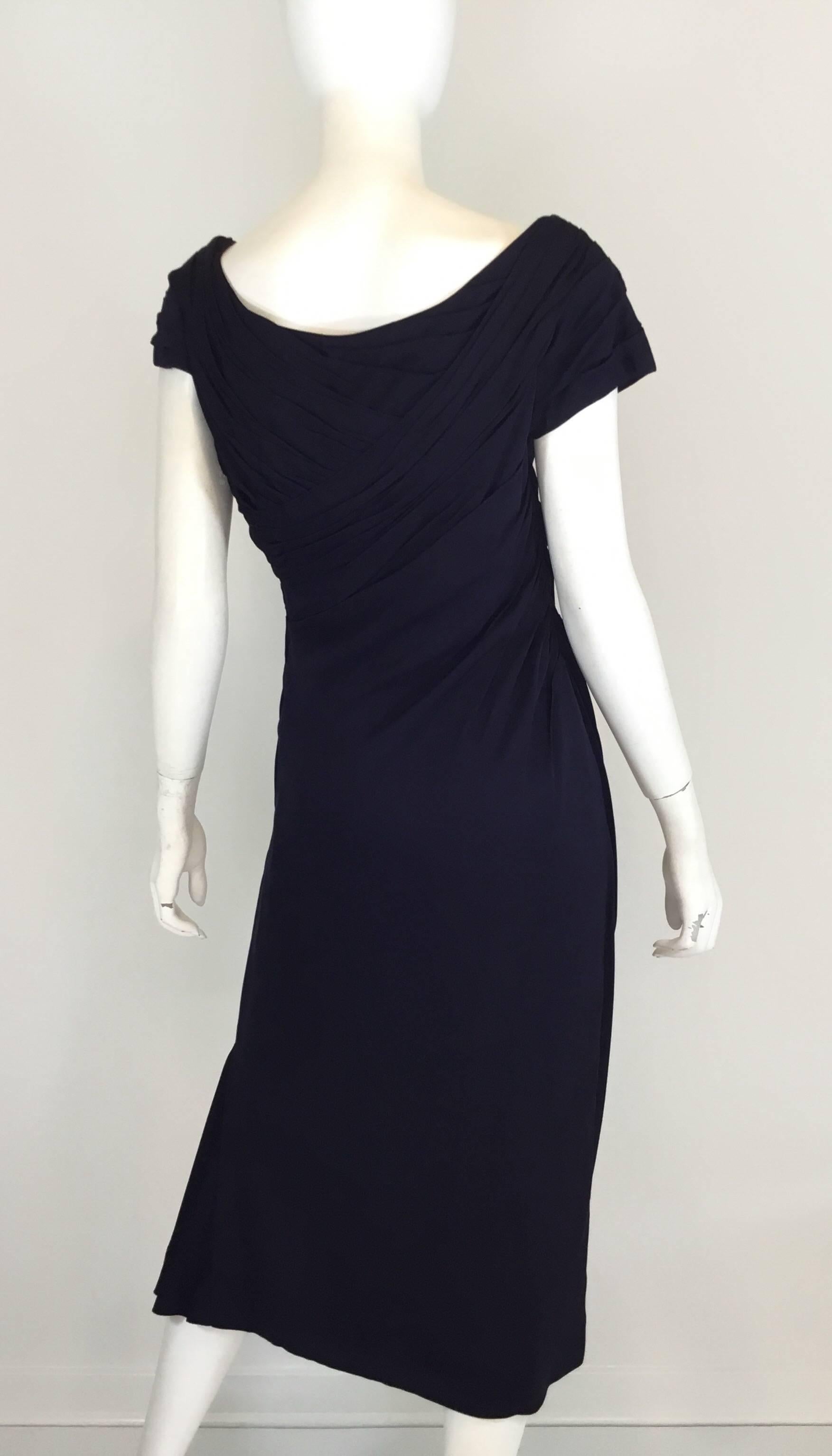 Ceil Chapman 1950s Ruched Bodice Navy Vintage Dress In Good Condition In Carmel, CA