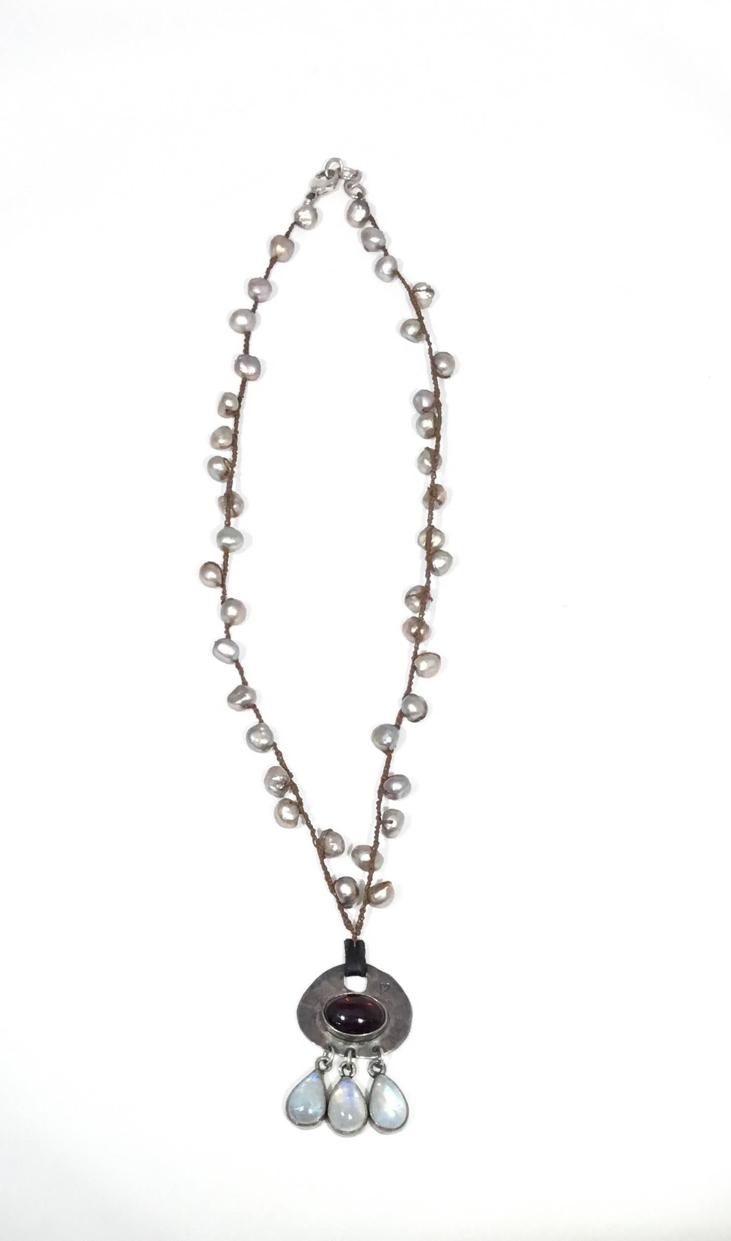 Contemporary Jes Maharry Knotted Strand Pearl, Garnet, Moonstone Necklace