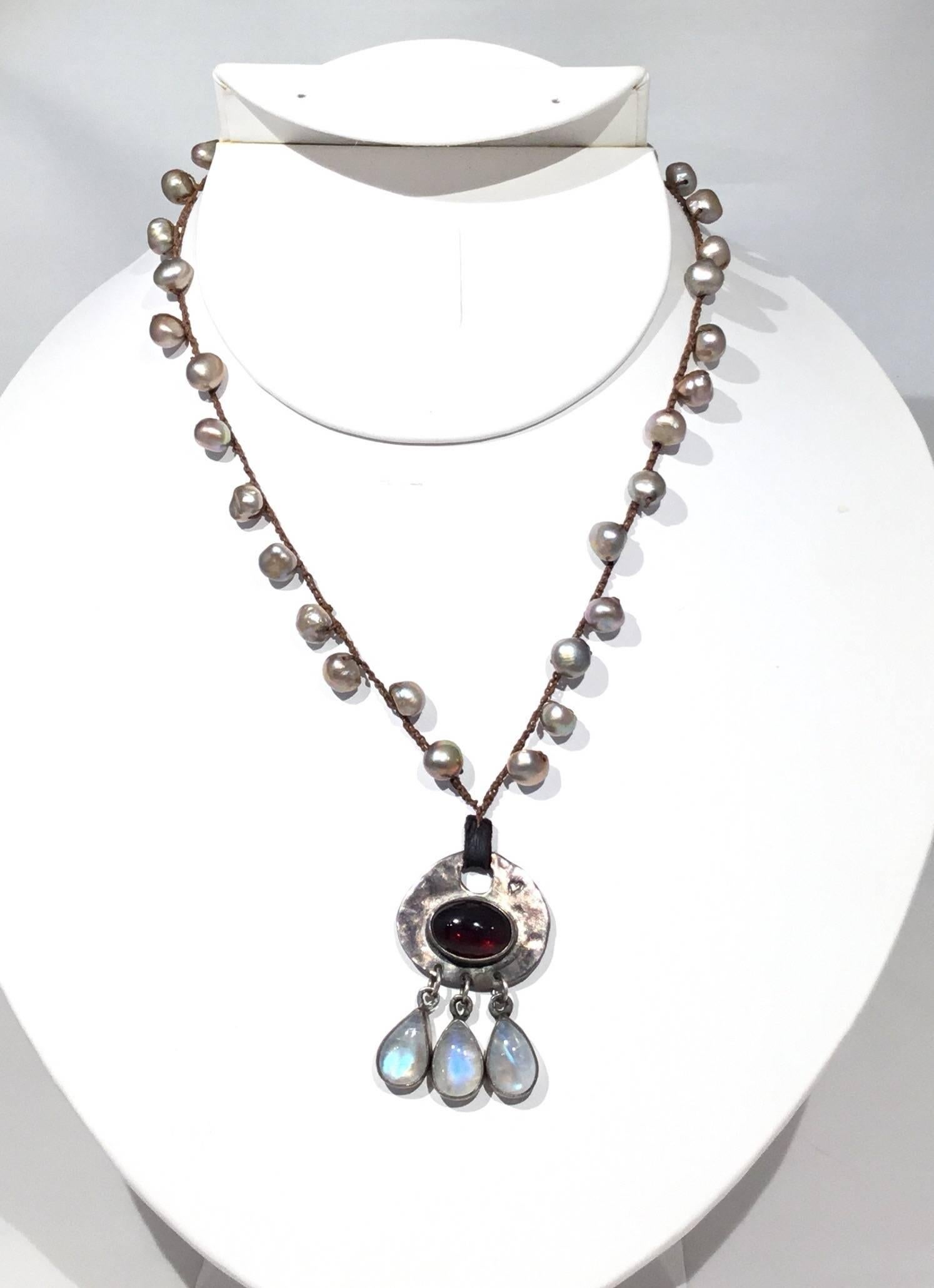 Jes Maharry Knotted Strand Pearl, Garnet, Moonstone Necklace In Excellent Condition In Carmel, CA