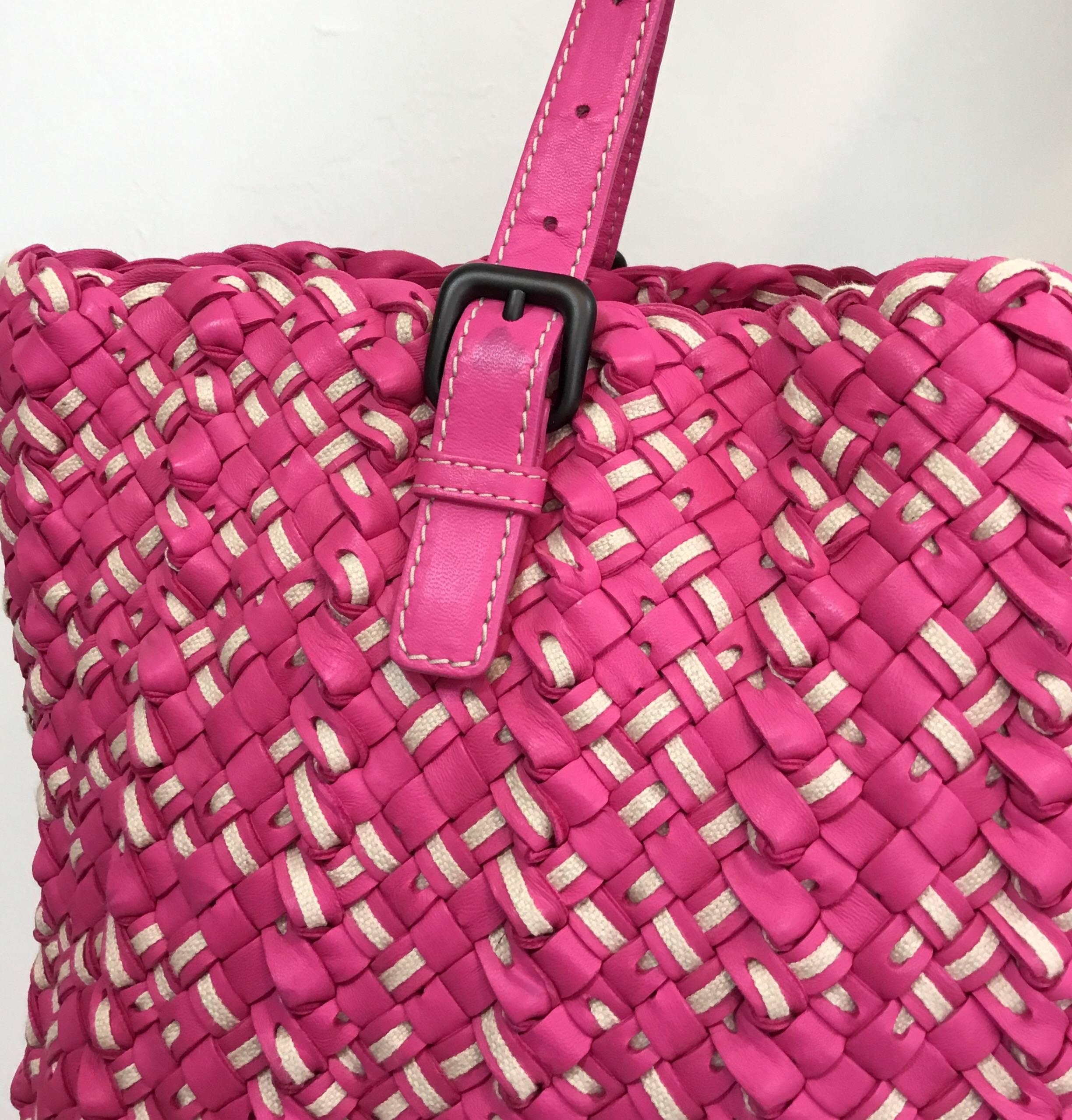 Women's Bottega Veneta Pink Intrecciato Cabat Linen & Leather Tote 
