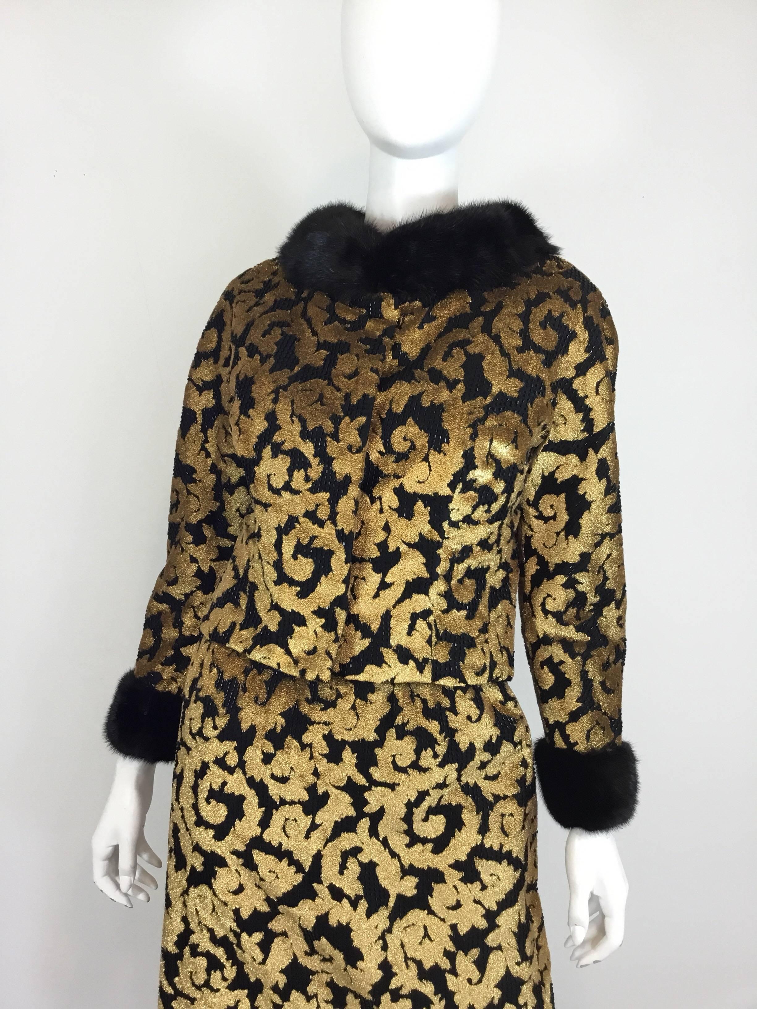 Jean Louis, Marilyn Monroe designer, vintage dress and jacket set featured in gold eyelash lame and black beaded brocade throuhgout. Magnificent fabric. Dress has a scoop neckline, back zipper fastening, and full lining. Jacket has mink fur