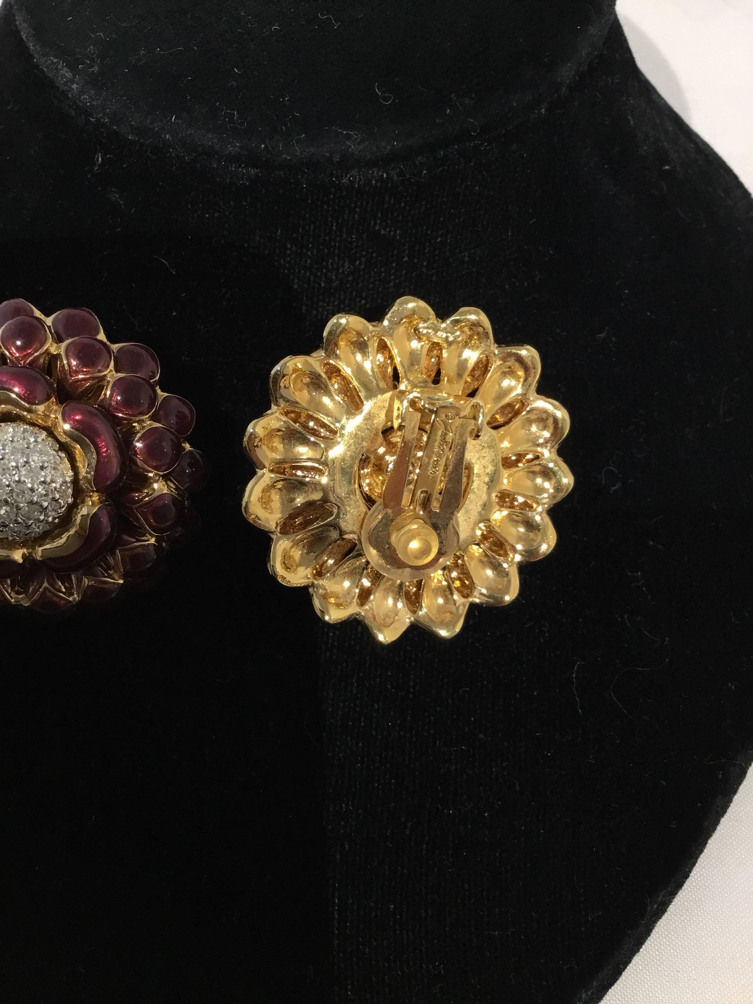 Contemporary Judith Leiber Enamel Flower Brooch and Clip On Earring Set