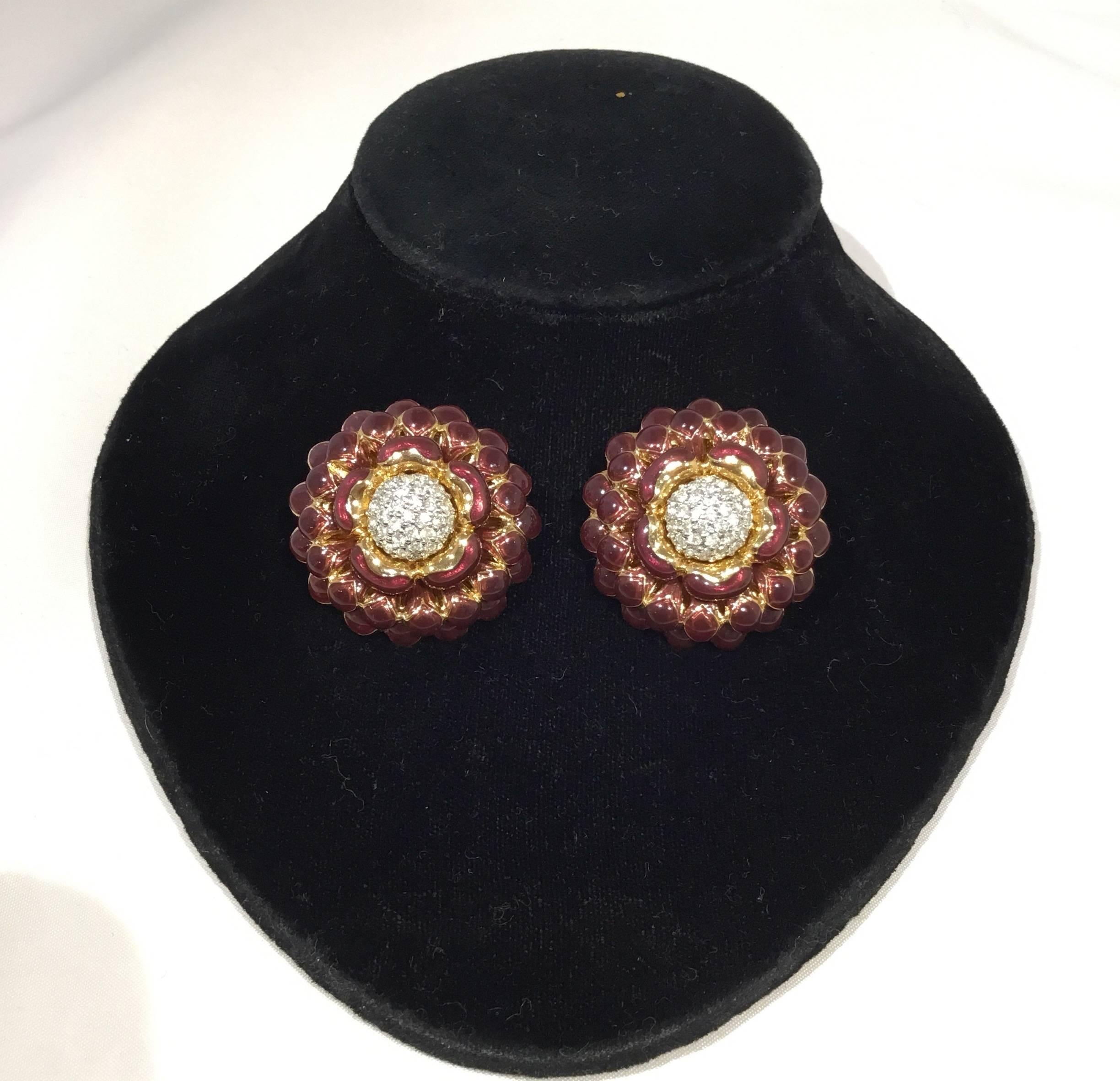 Judith Leiber Enamel Flower Brooch and Clip On Earring Set In Excellent Condition In Carmel, CA