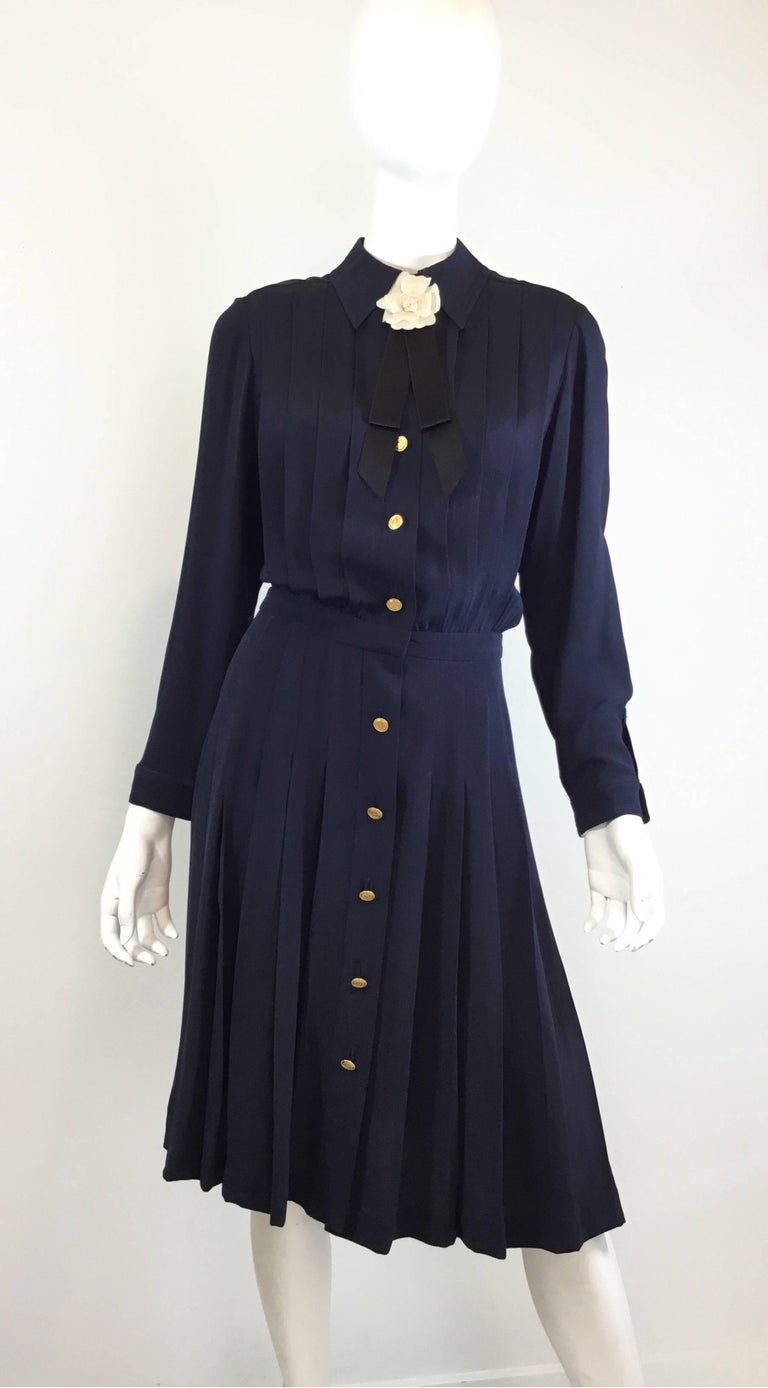Chanel Pleated Dress with Camellia Bow Pin 1980’s For Sale at 1stdibs