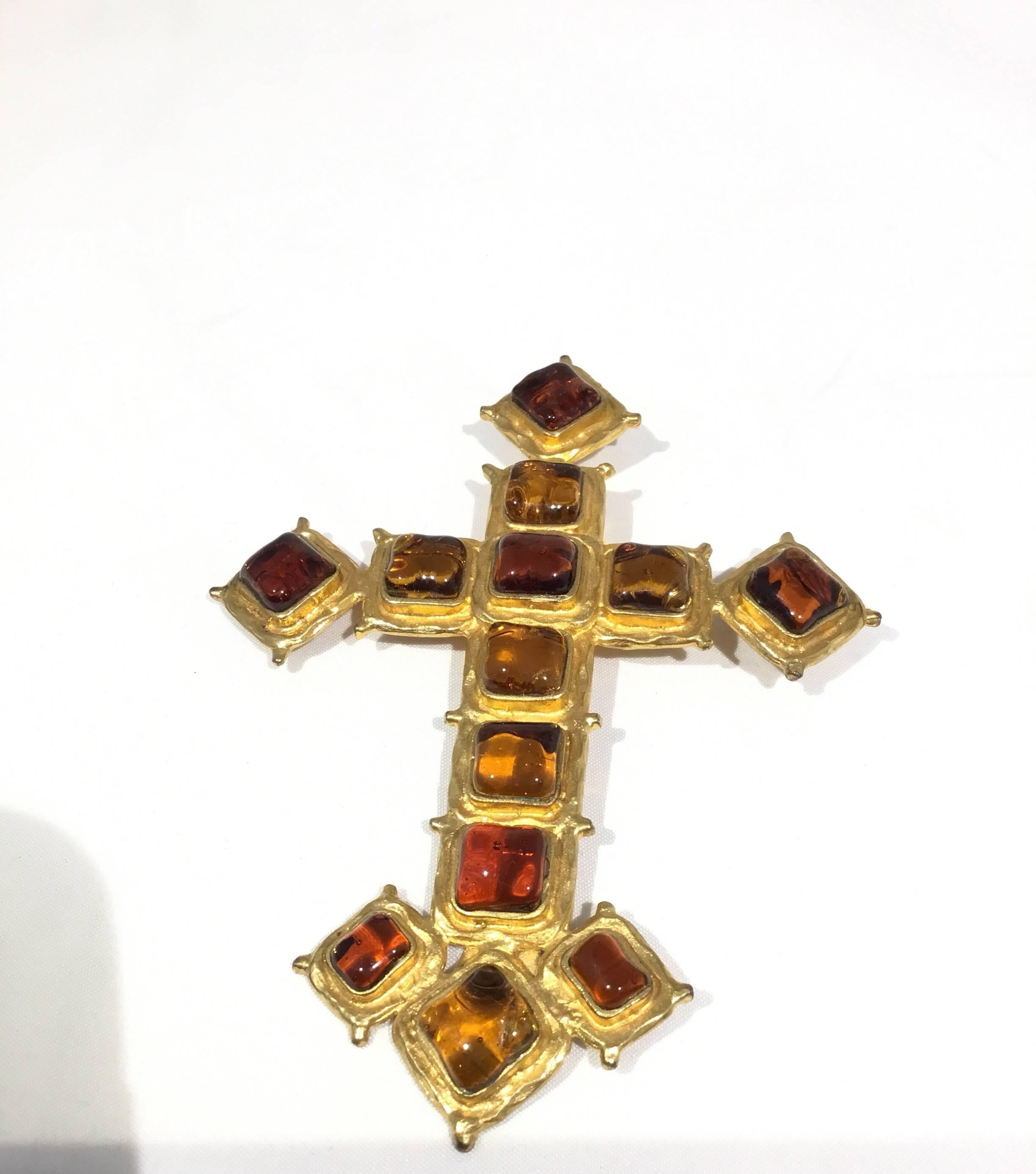 Goosens for Chanel 1970s massive ruby pate de verre glass cross brooch/Pendant that can also be worn as a Pendant on a Necklace.  Extral large size measures 4.5