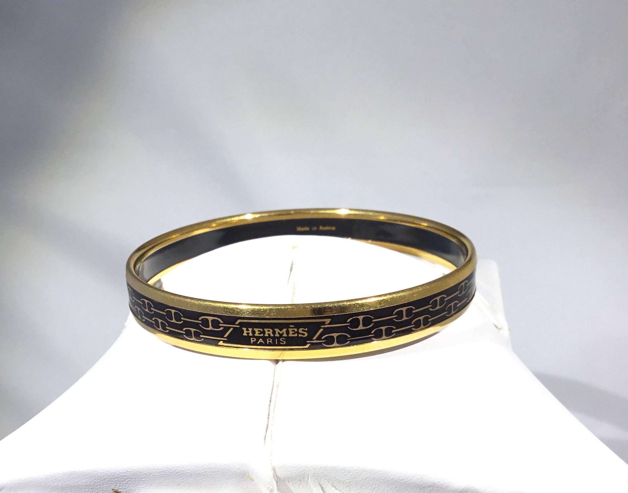 Hermes Paris Black and Gold Enamel Bangle In Excellent Condition In Carmel, CA