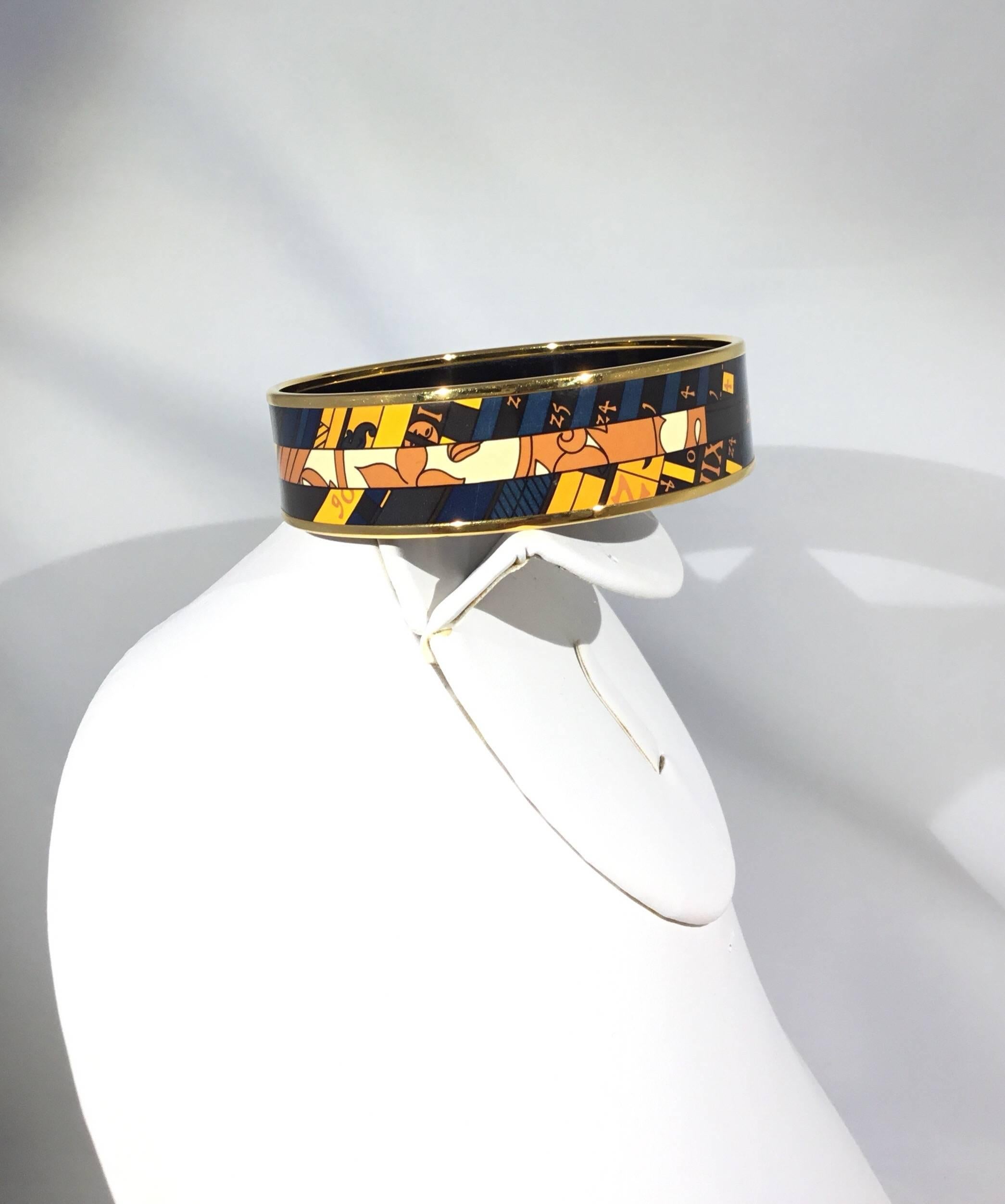 Hermes Paris Multicolor Enamel w/ Gold Bangle Bracelet In Excellent Condition In Carmel, CA