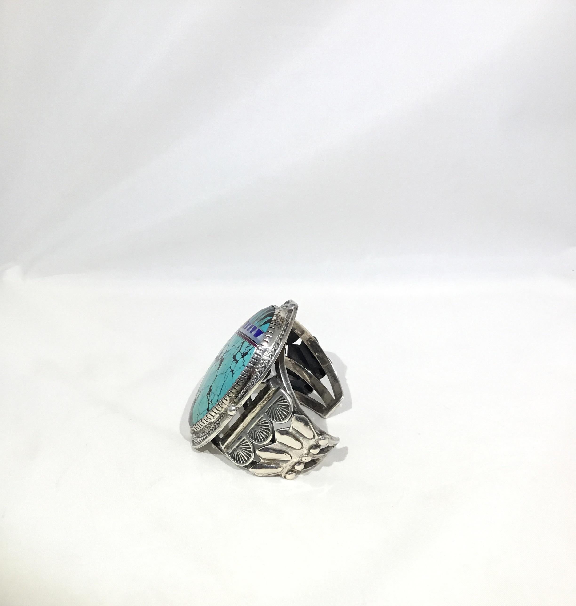 Turquoise and Coral Native American Cuff Sterling Silver In Excellent Condition In Carmel, CA