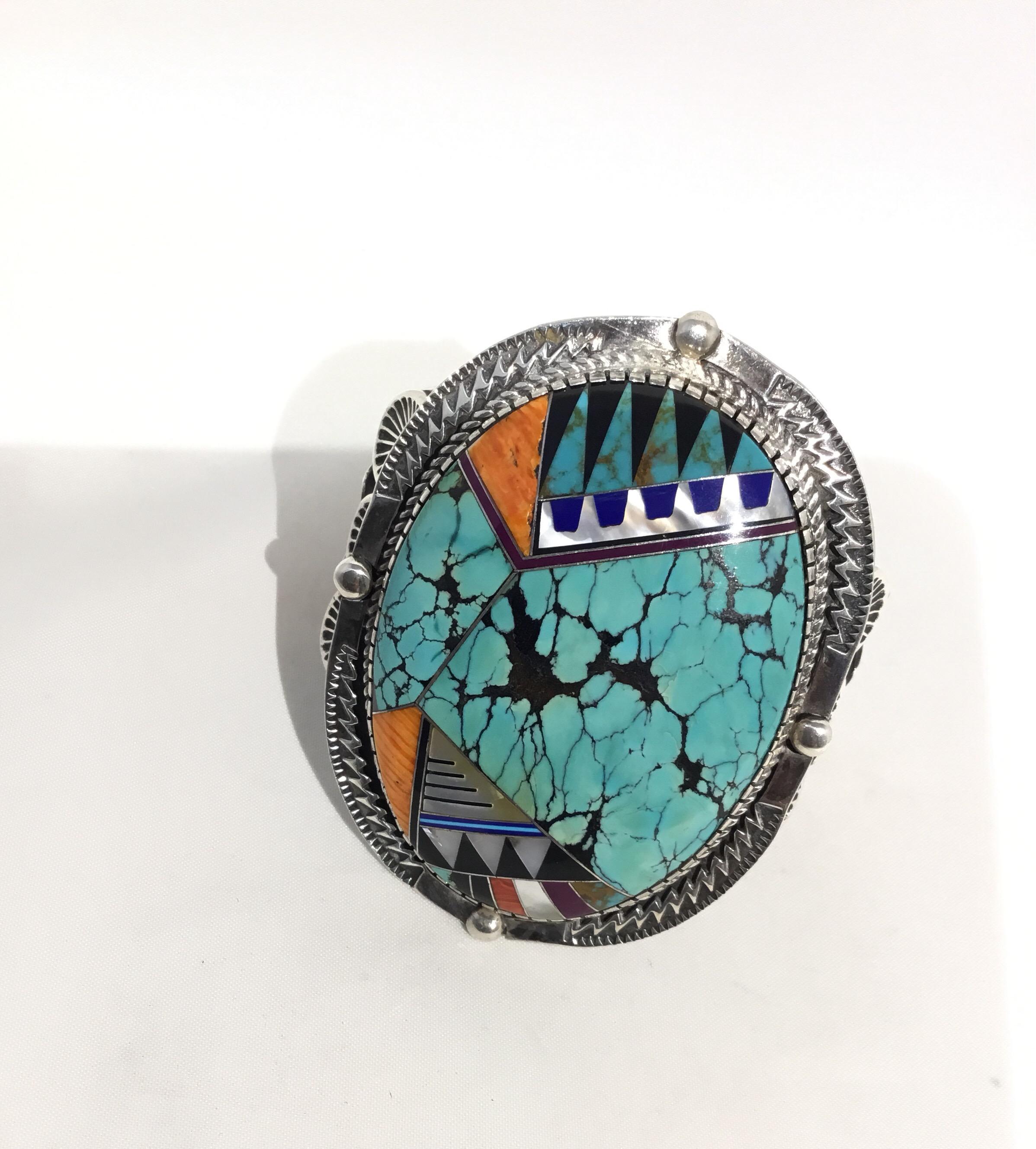 Turquoise and Coral Native American Cuff Sterling Silver 3