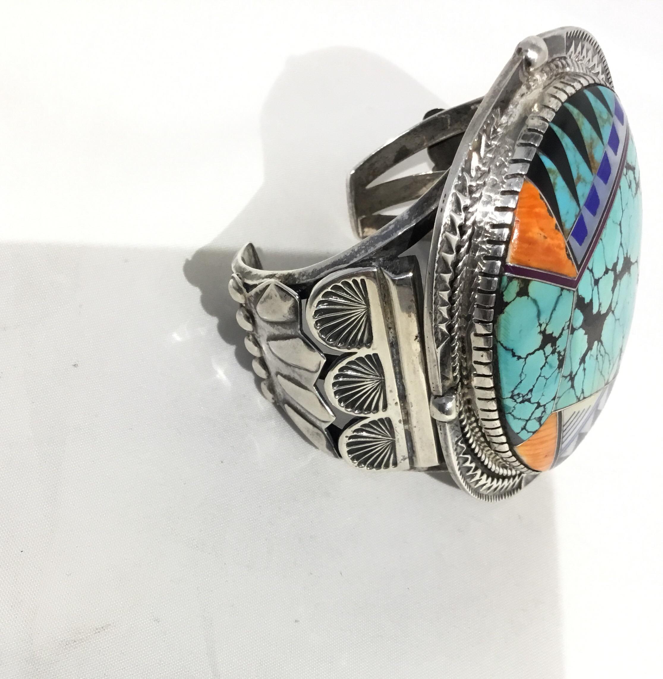 Turquoise and Coral Native American Cuff Sterling Silver 4