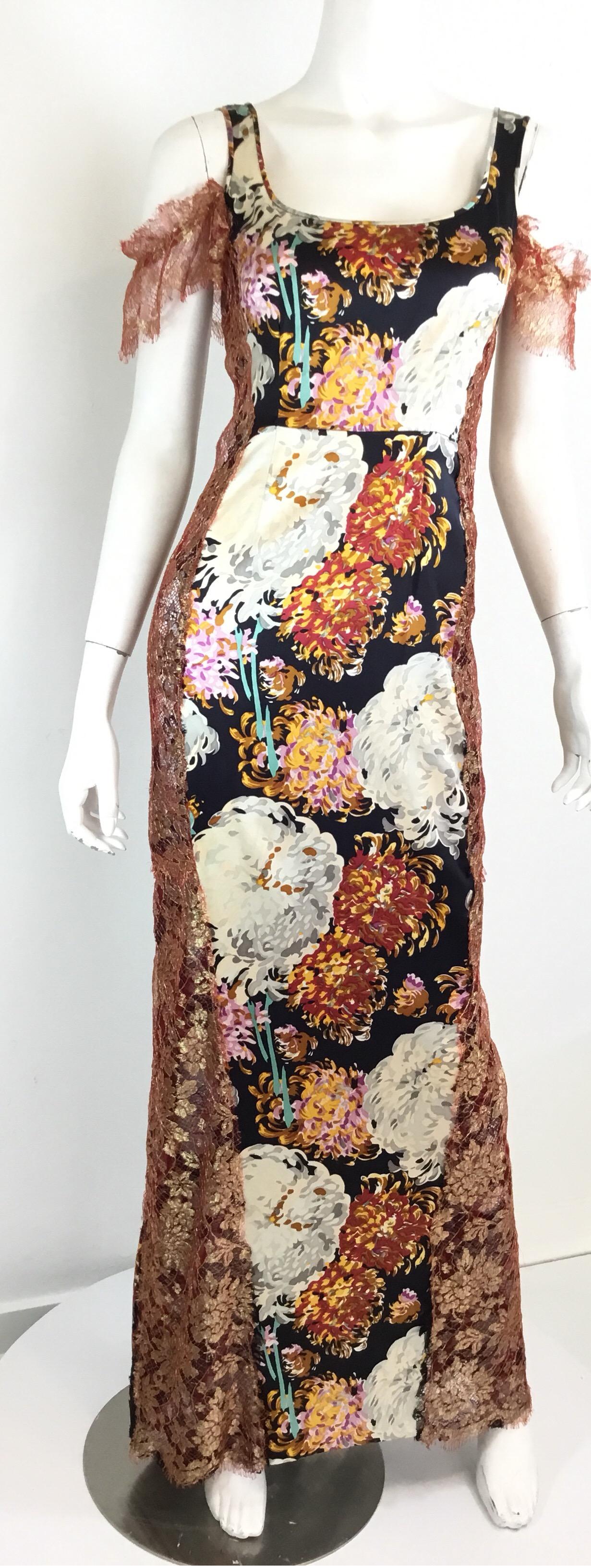 Beige Dolce & Gabbana Vintage Floral Print and Lace Slip Dress, 1990s 