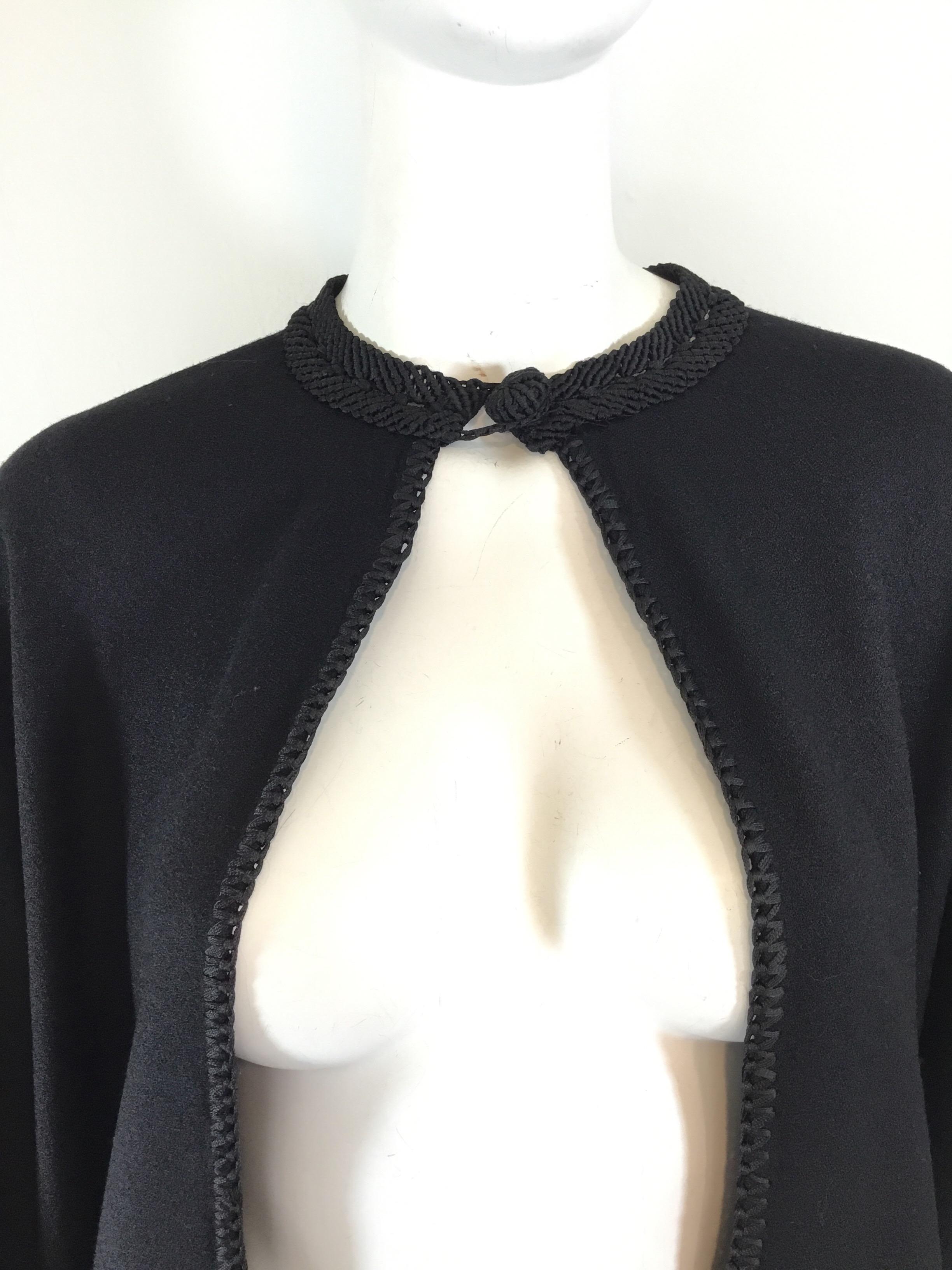 Black Wool and Crepe 1950’s Wrap with Fringe In Excellent Condition In Carmel, CA