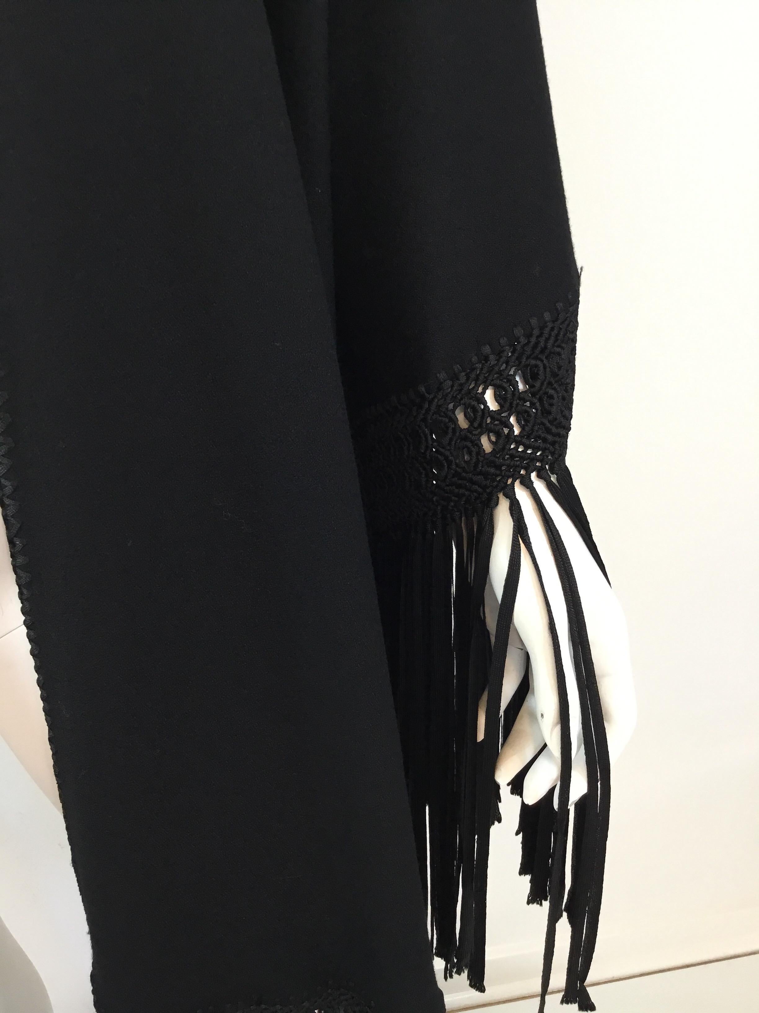 Women's Black Wool and Crepe 1950’s Wrap with Fringe