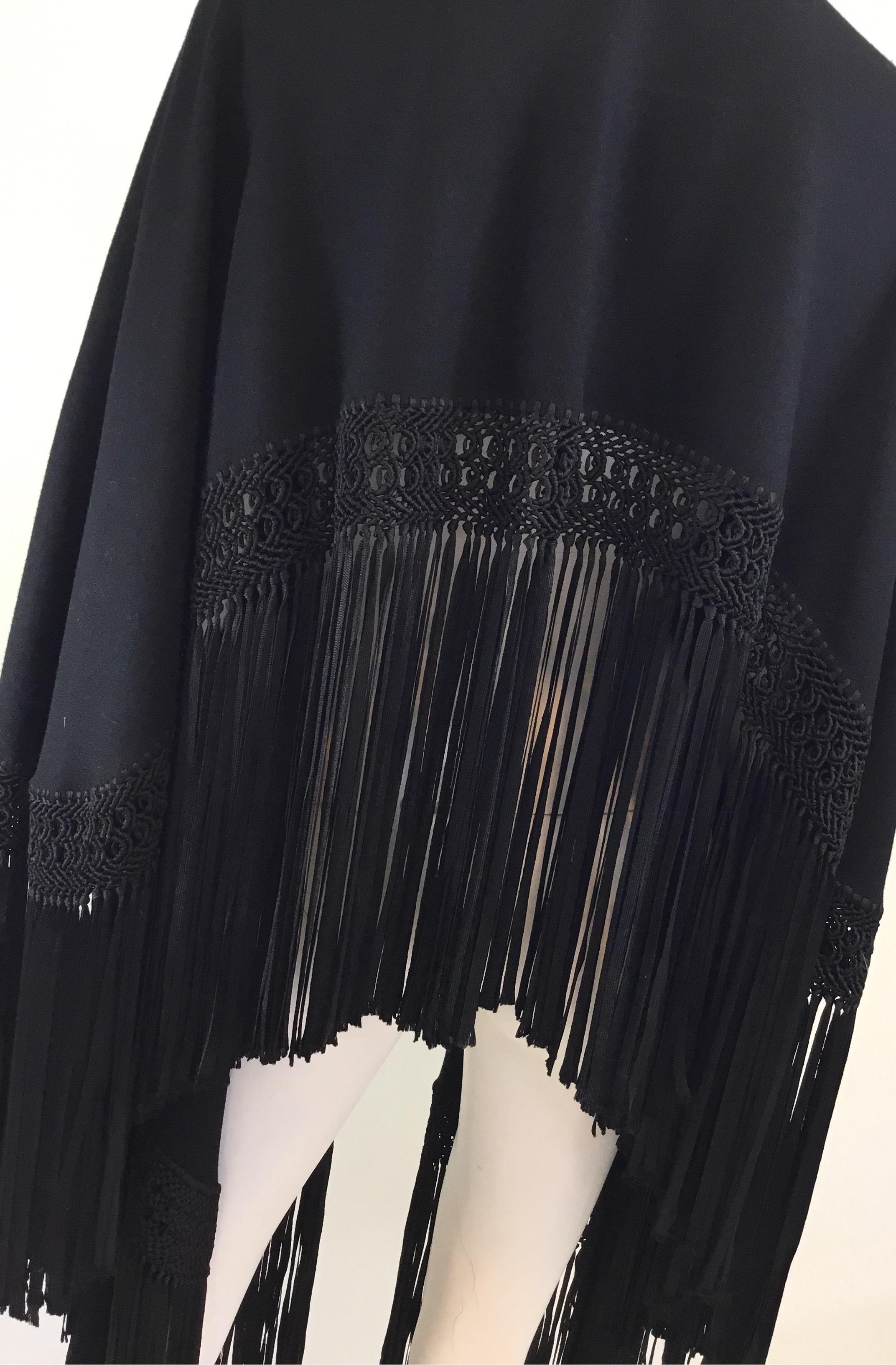 Black Wool and Crepe 1950’s Wrap with Fringe 3
