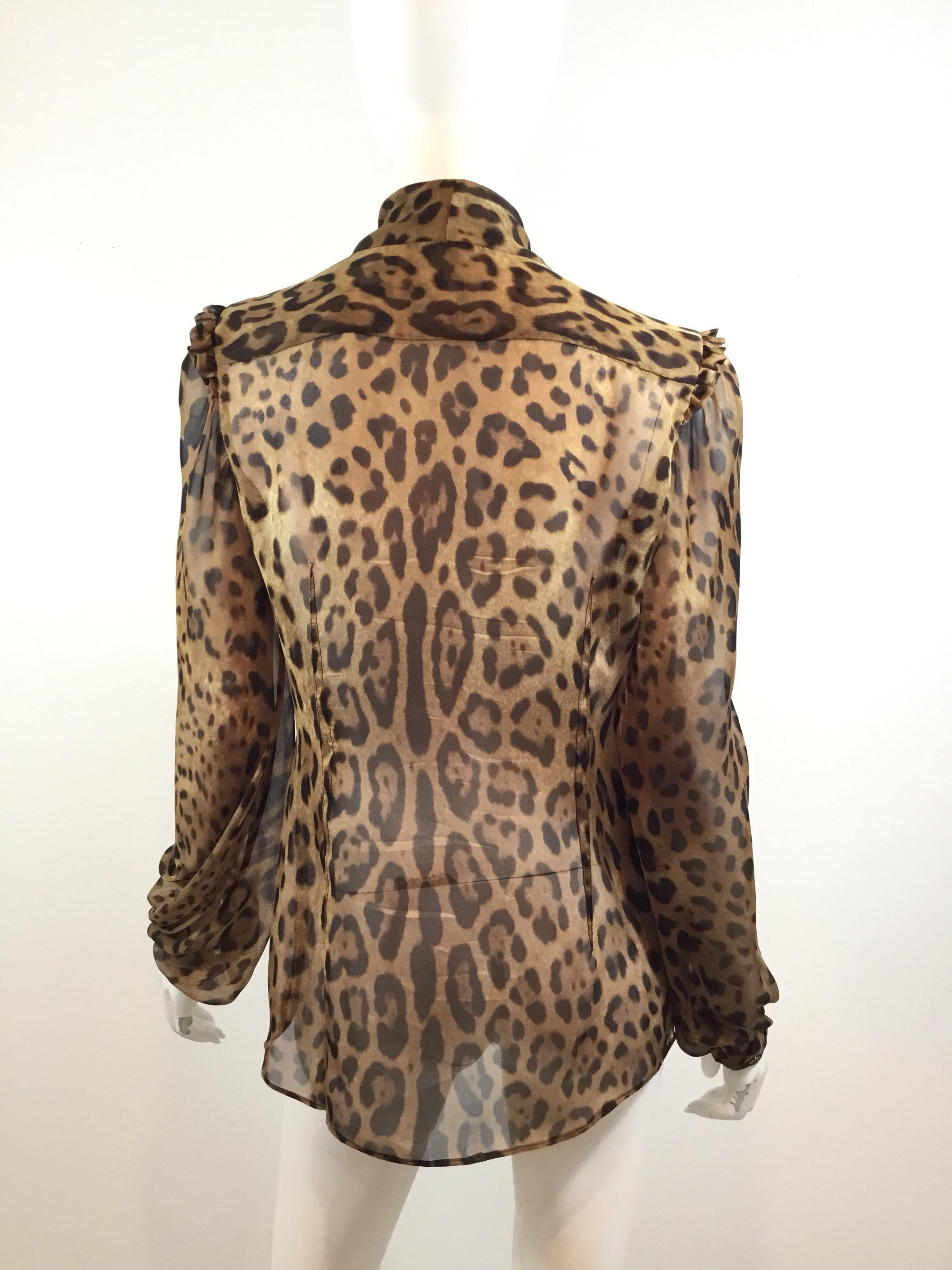Brown Dolce & Gabanna Leopard Print Silk Chiffon Blouse with Neck Tie