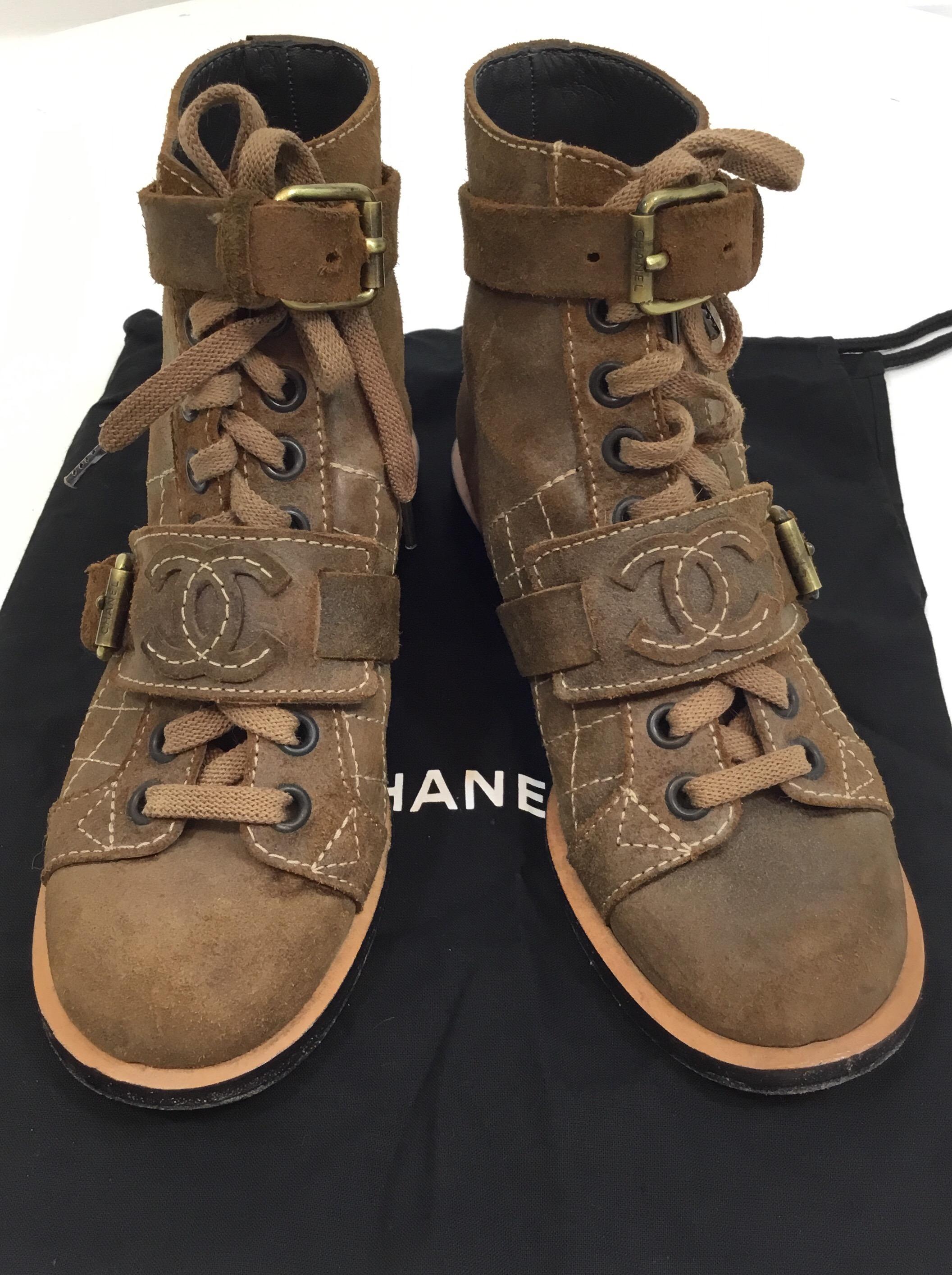 Chanel Suede Distressed Combat Boots, 36 1