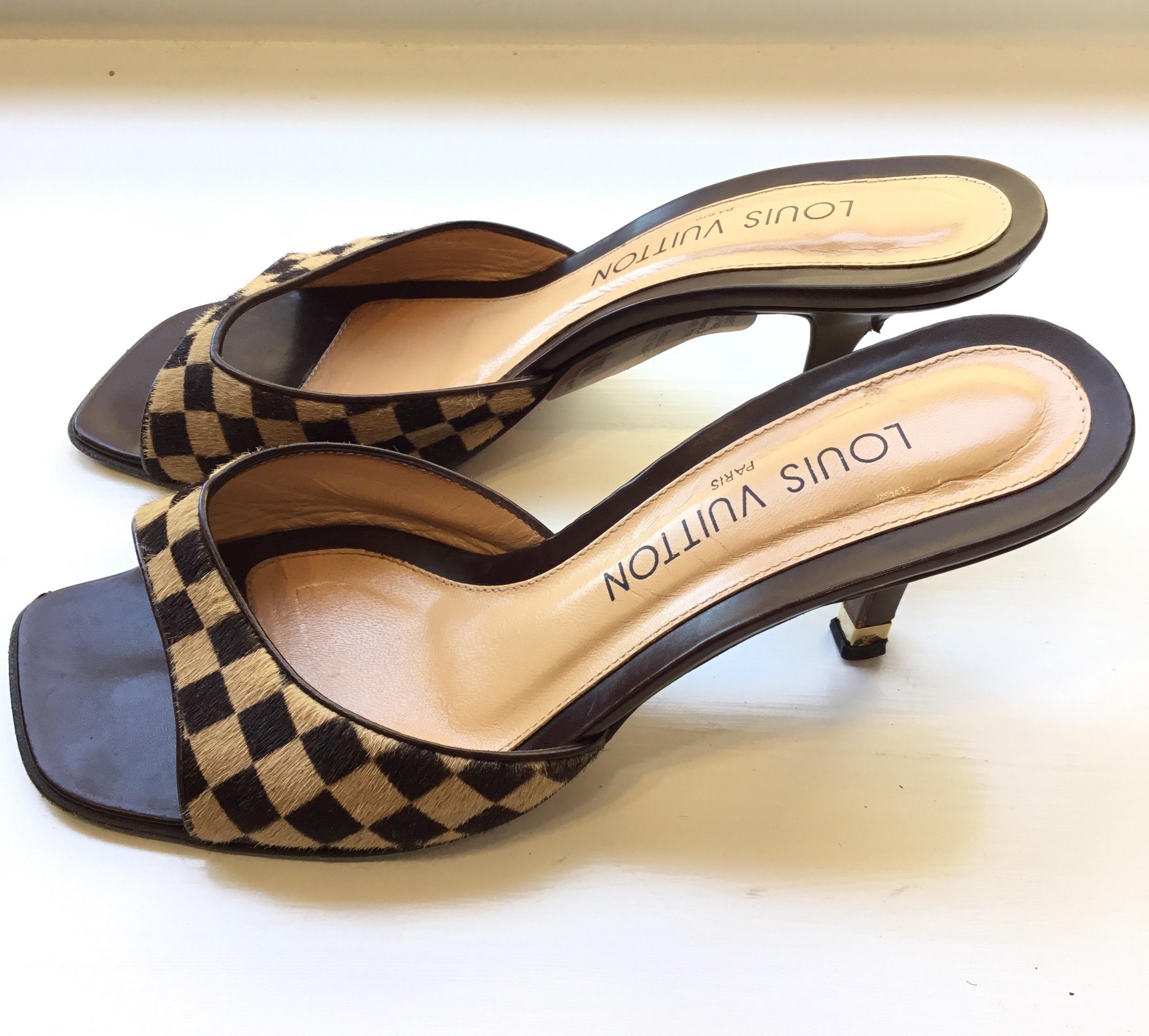 Brown Louis Vuitton Pony Hair Damier Heels, 37