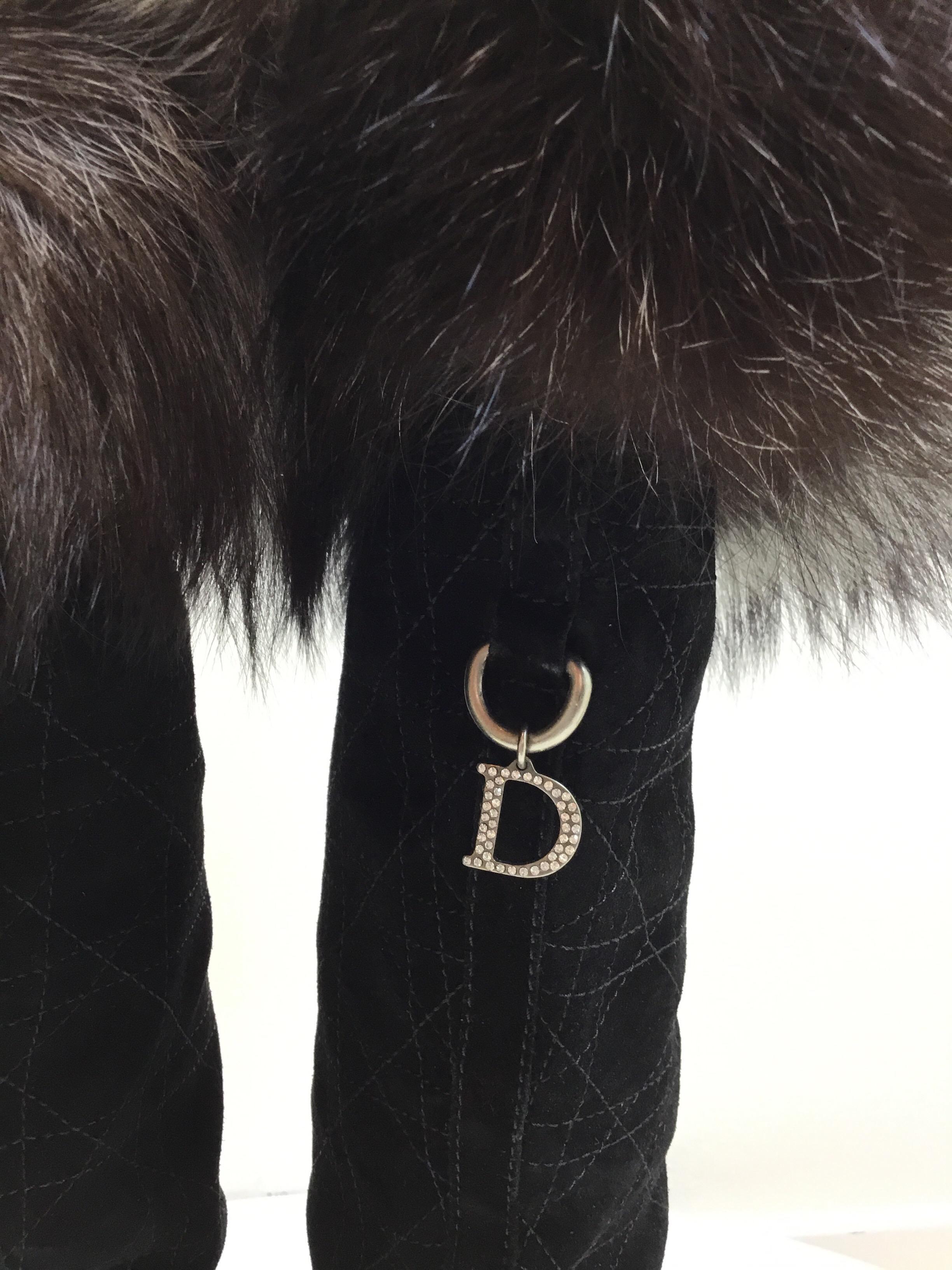 Black Christian Dior Cannage Suede Boots with Fox Fur