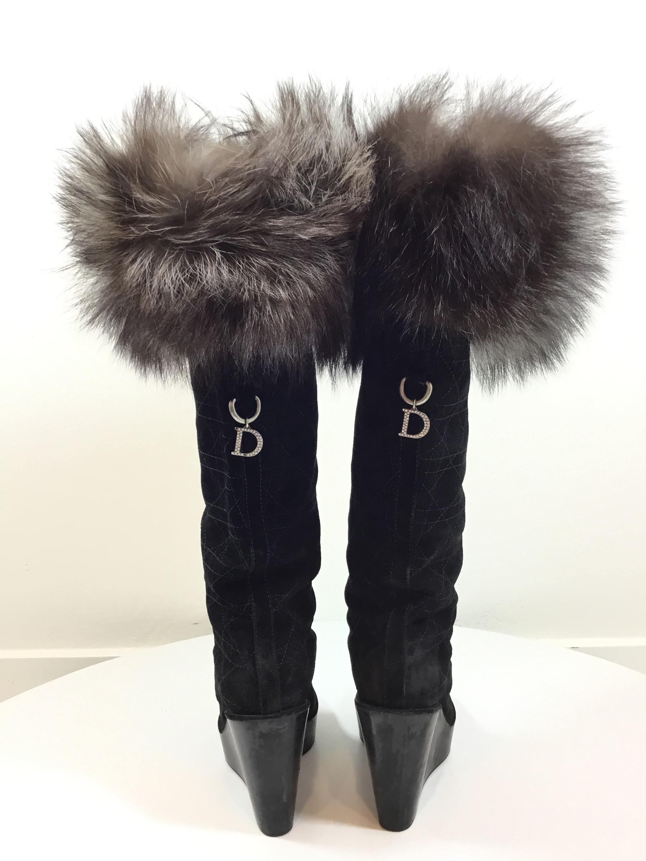 Christian Dior Cannage Suede Boots with Fox Fur In Good Condition In Carmel, CA