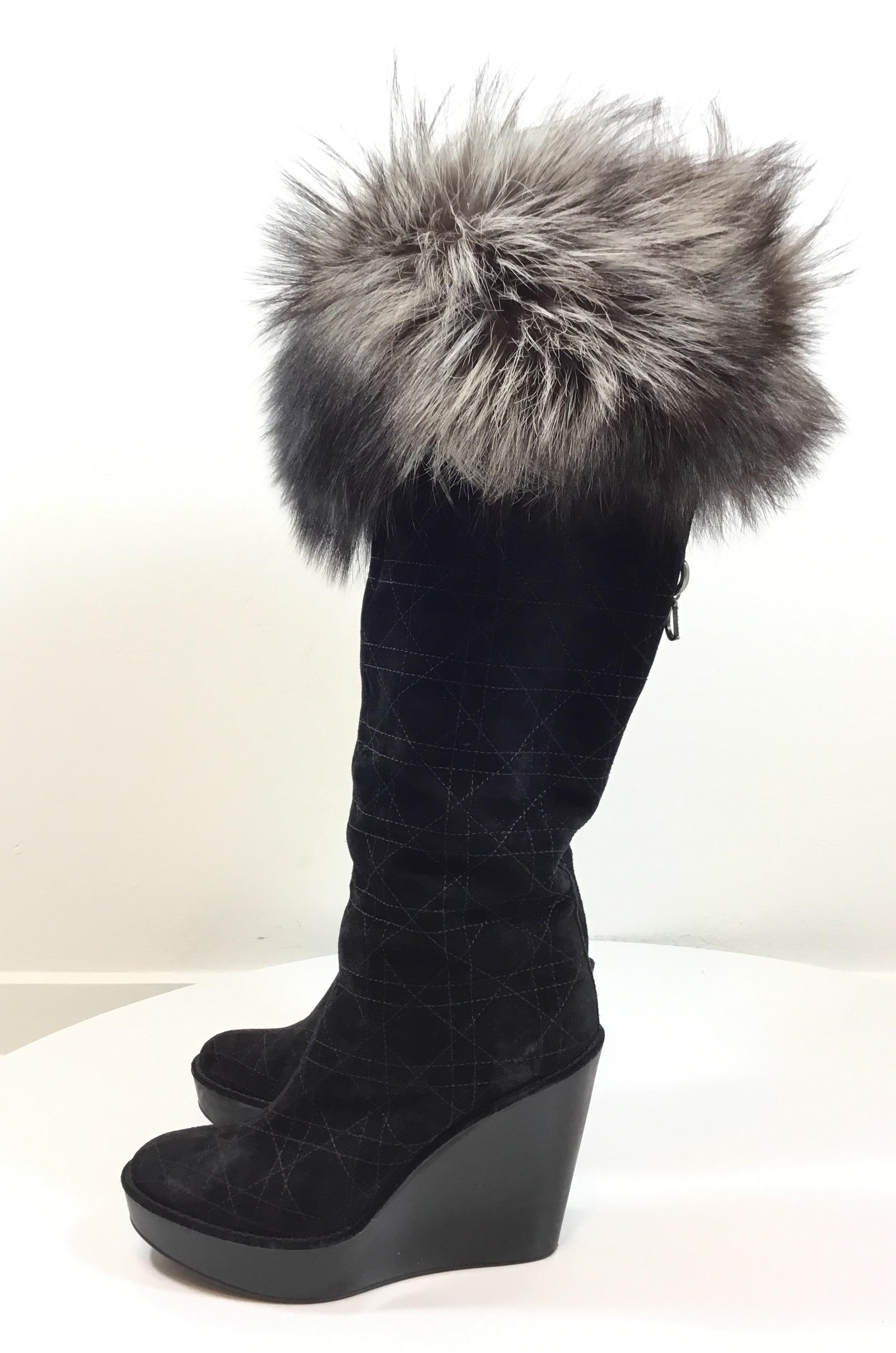 Women's Christian Dior Cannage Suede Boots with Fox Fur