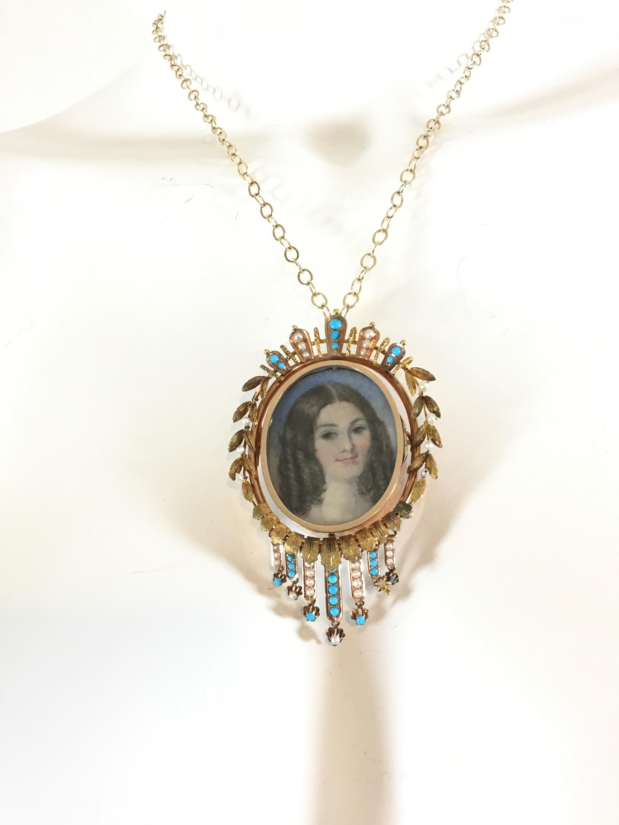Late Victorian Victorian circa 1900's Hand Painted 2-Sided Pendant Necklace Brooch 14k Gold