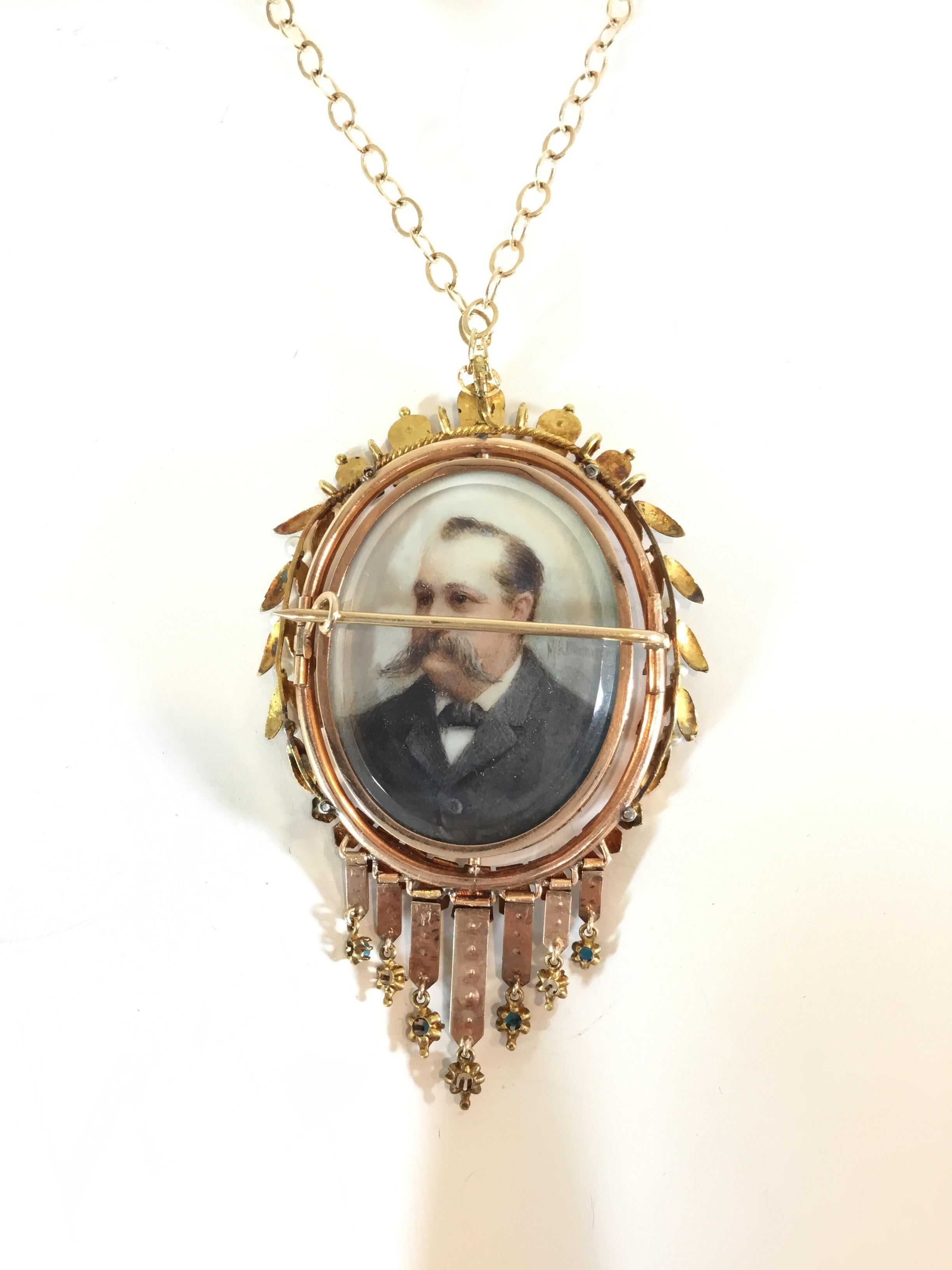 Victorian circa 1900's Hand Painted 2-Sided Pendant Necklace Brooch 14k Gold In Excellent Condition In Carmel, CA