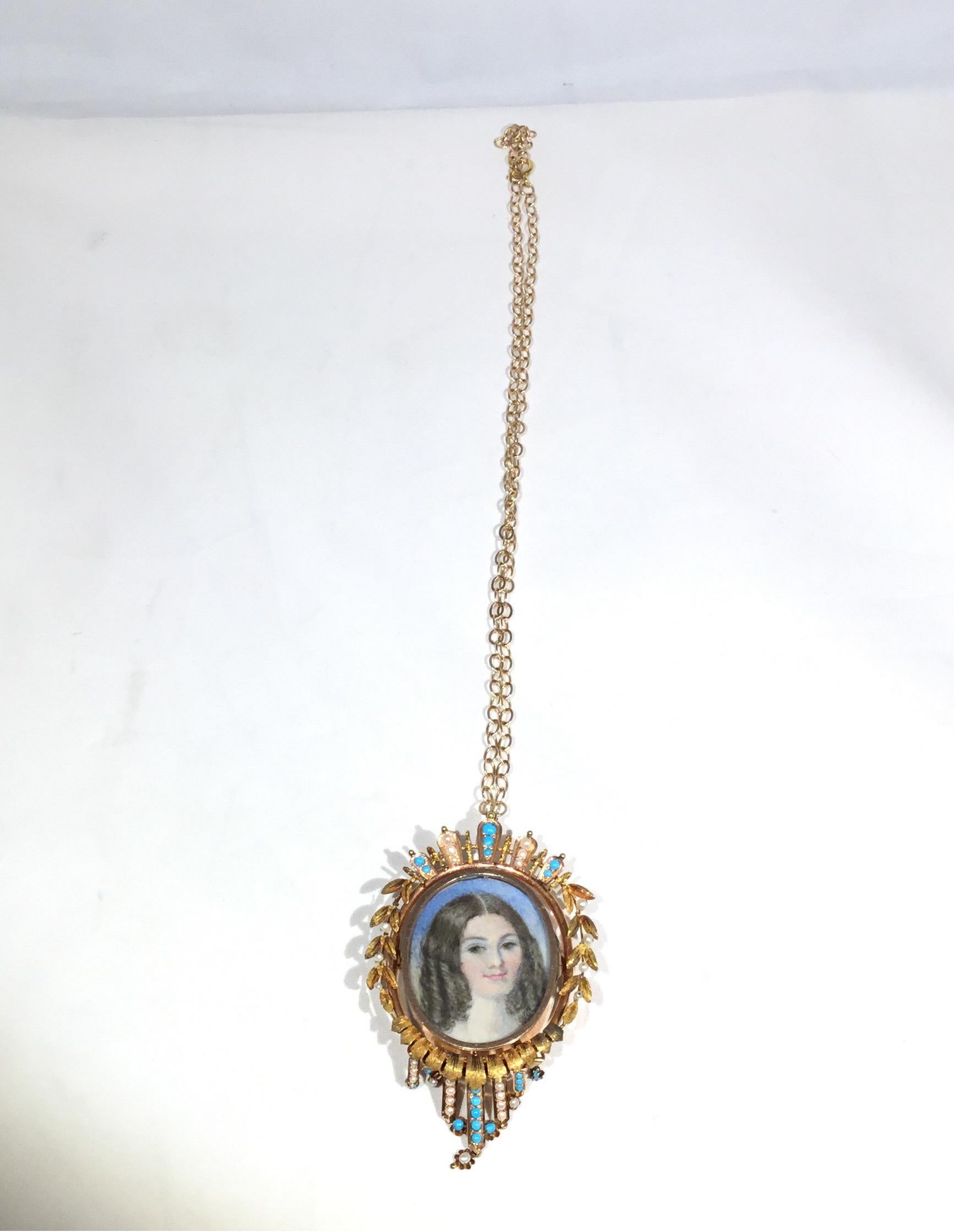 Victorian circa 1900's Hand Painted 2-Sided Pendant Necklace Brooch 14k Gold 2