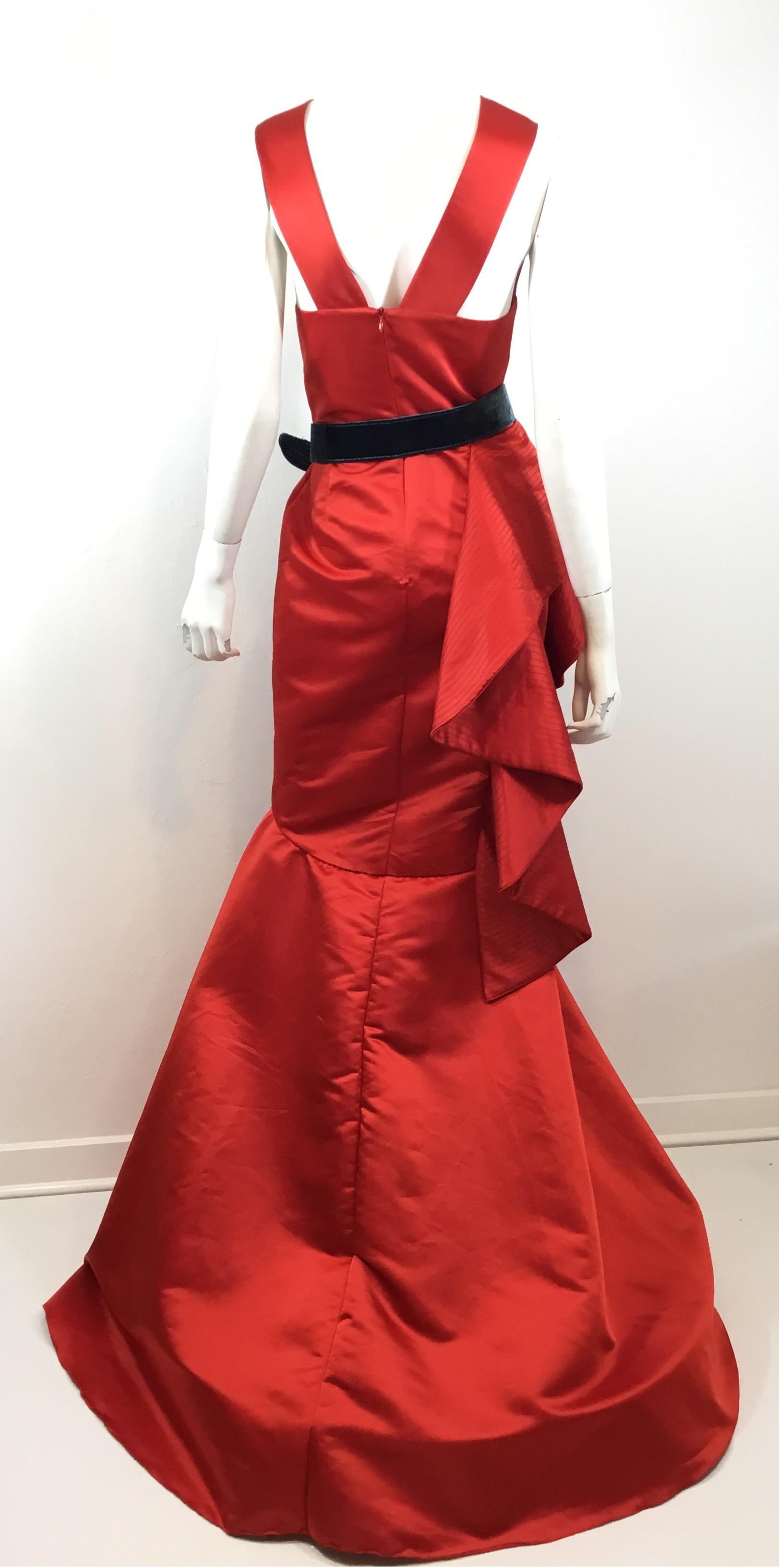 Red Johanna Ortiz Plunging Neckline Belted Gown Fall 2016