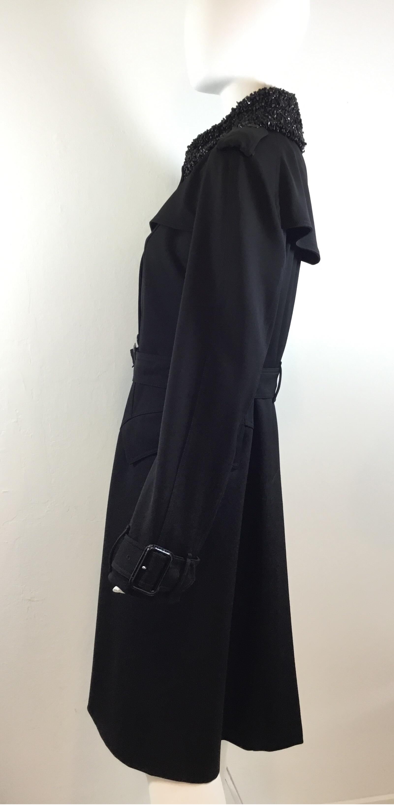 Women's Burberry Black Gabardine Trench Coat with Beaded Collar