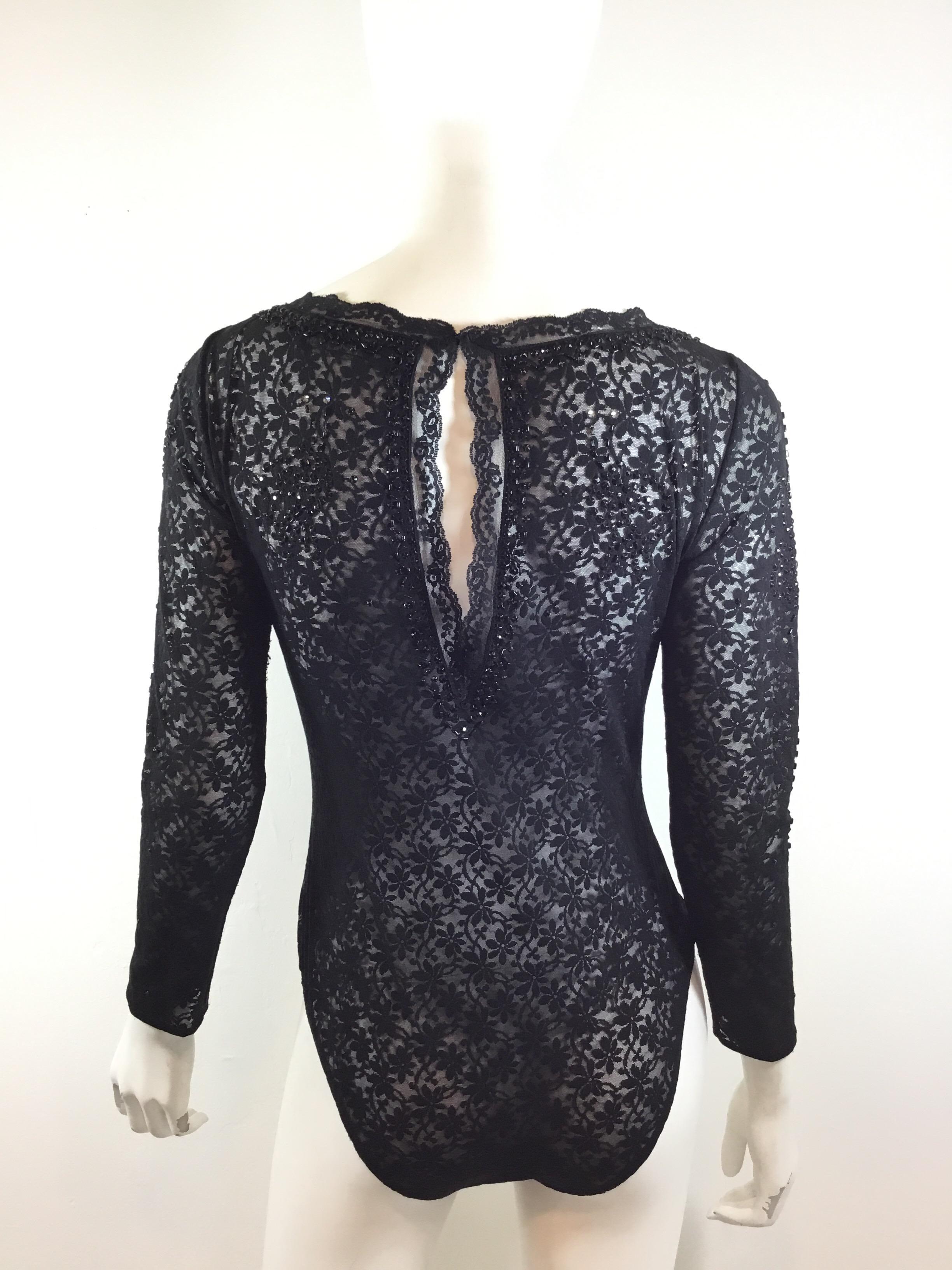 Black Giorgio Sant’Angelo Vintage Beaded Lace Bodysuit For Sale