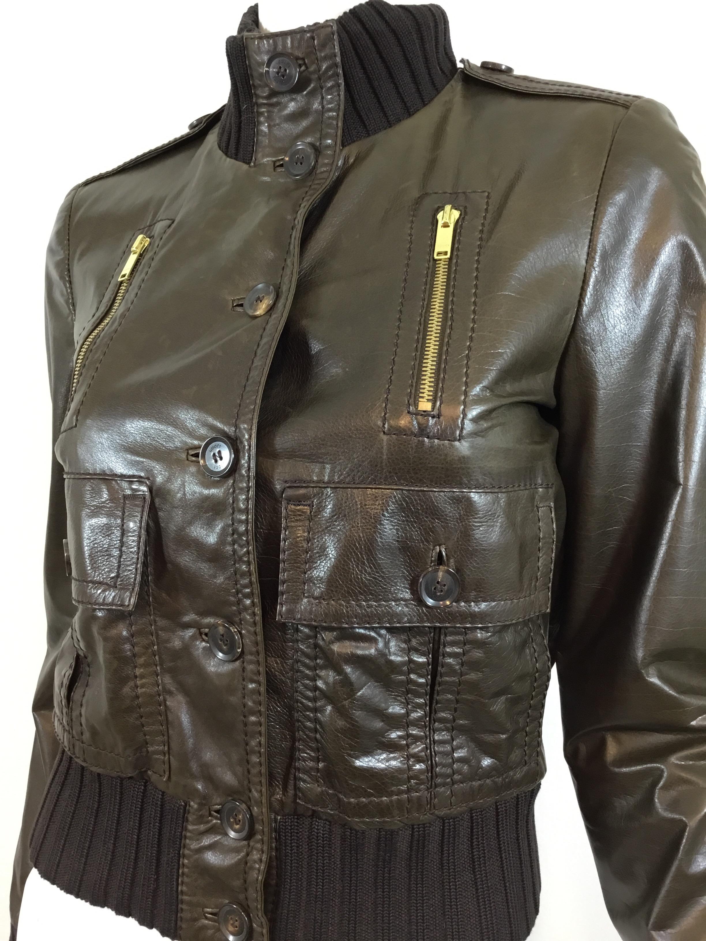 Black Gucci Brown Leather Bomber Jacket 