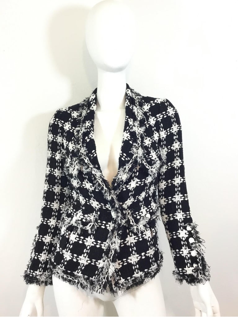 Chanel 07 P Black and White Tweed Jacket with Fringe at 1stDibs